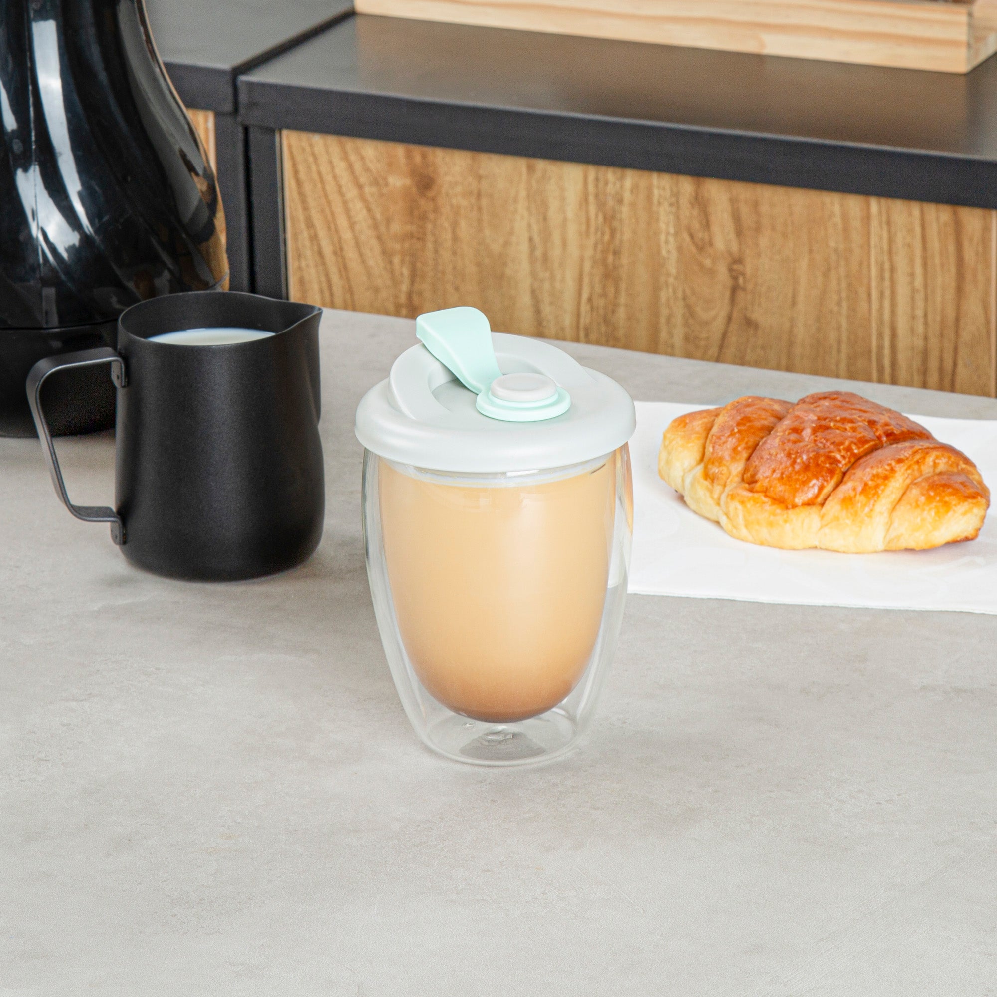 Forma Professional 12 oz Glass Travel Mug - Double Wall, Borosilicate, with Gray and Green Lid - 10 count box