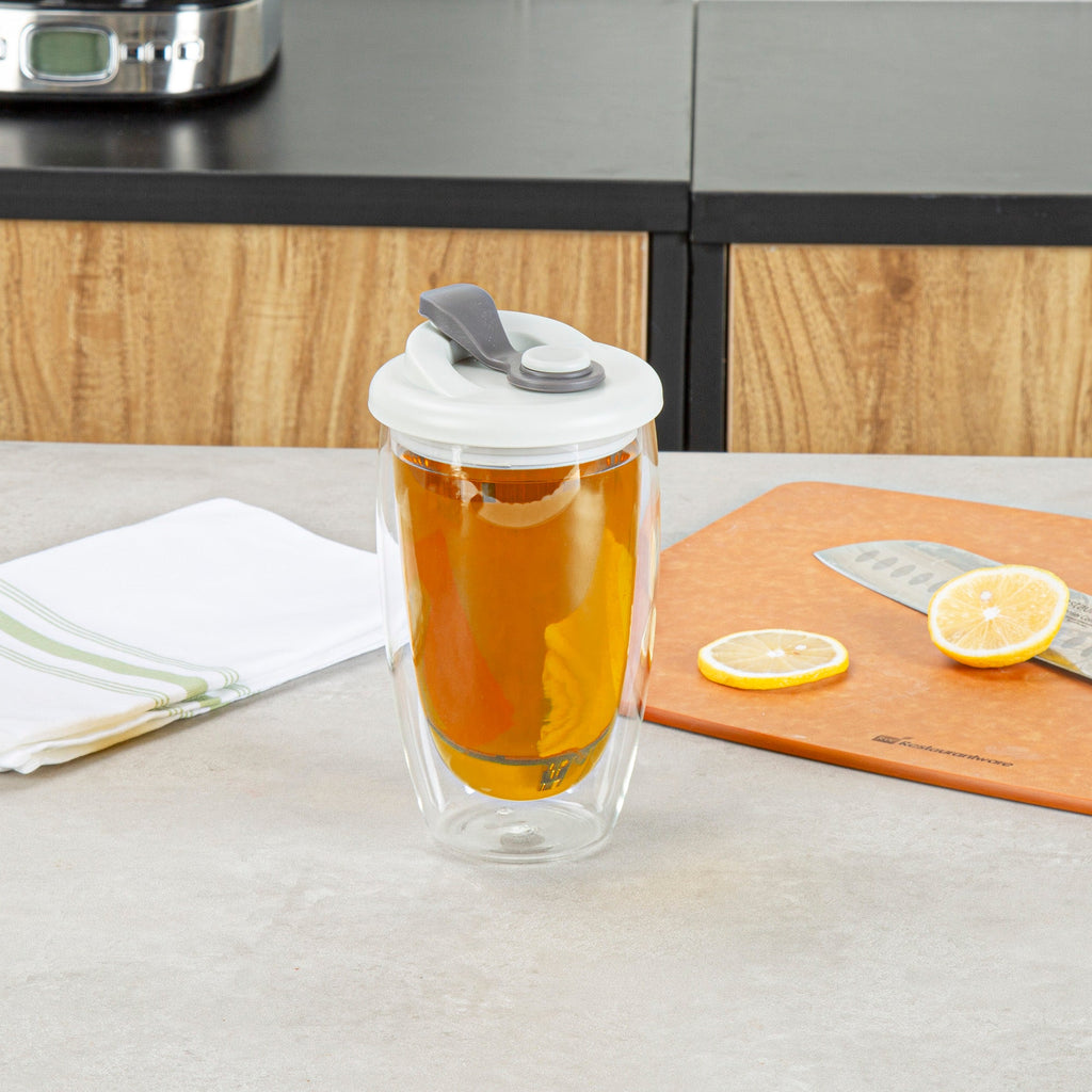 Forma Professional 15 oz Glass Travel Mug - Double Wall, Borosilicate, with Gray Lid - 1 count box