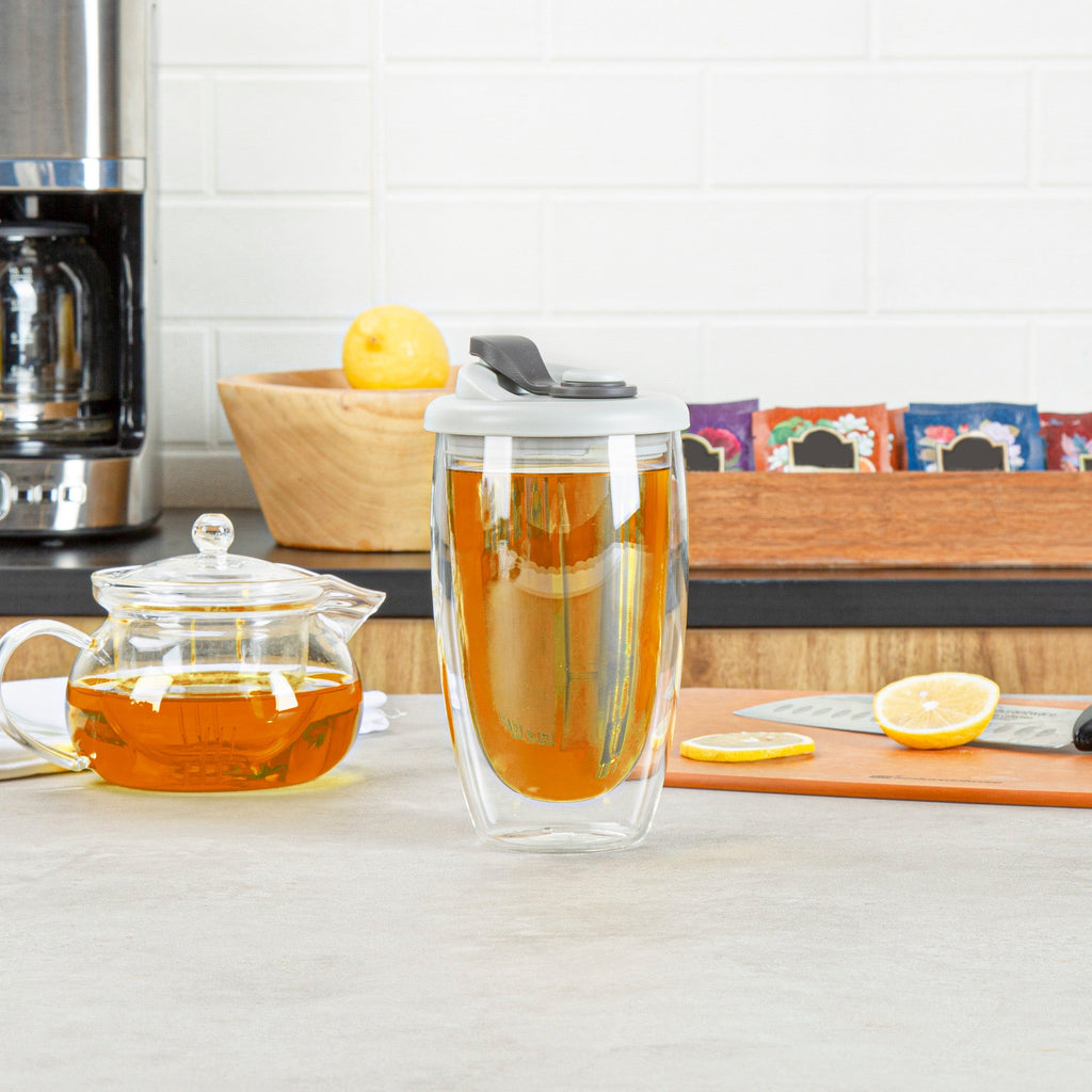 Forma Professional 15 oz Glass Travel Mug - Double Wall, Borosilicate, with Gray Lid - 1 count box