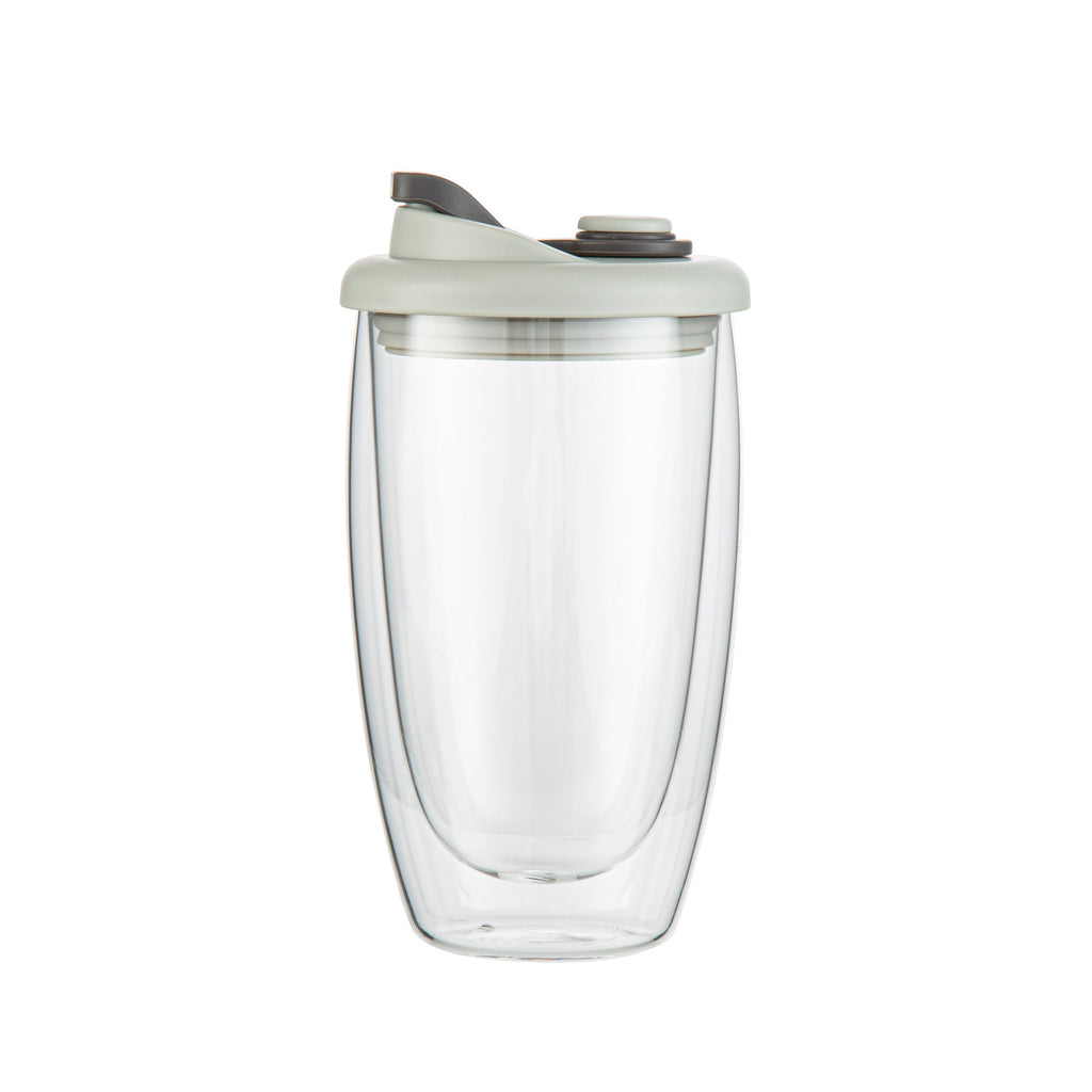 Forma Professional 15 oz Glass Travel Mug - Double Wall, Borosilicate, with Gray Lid - 10 count box