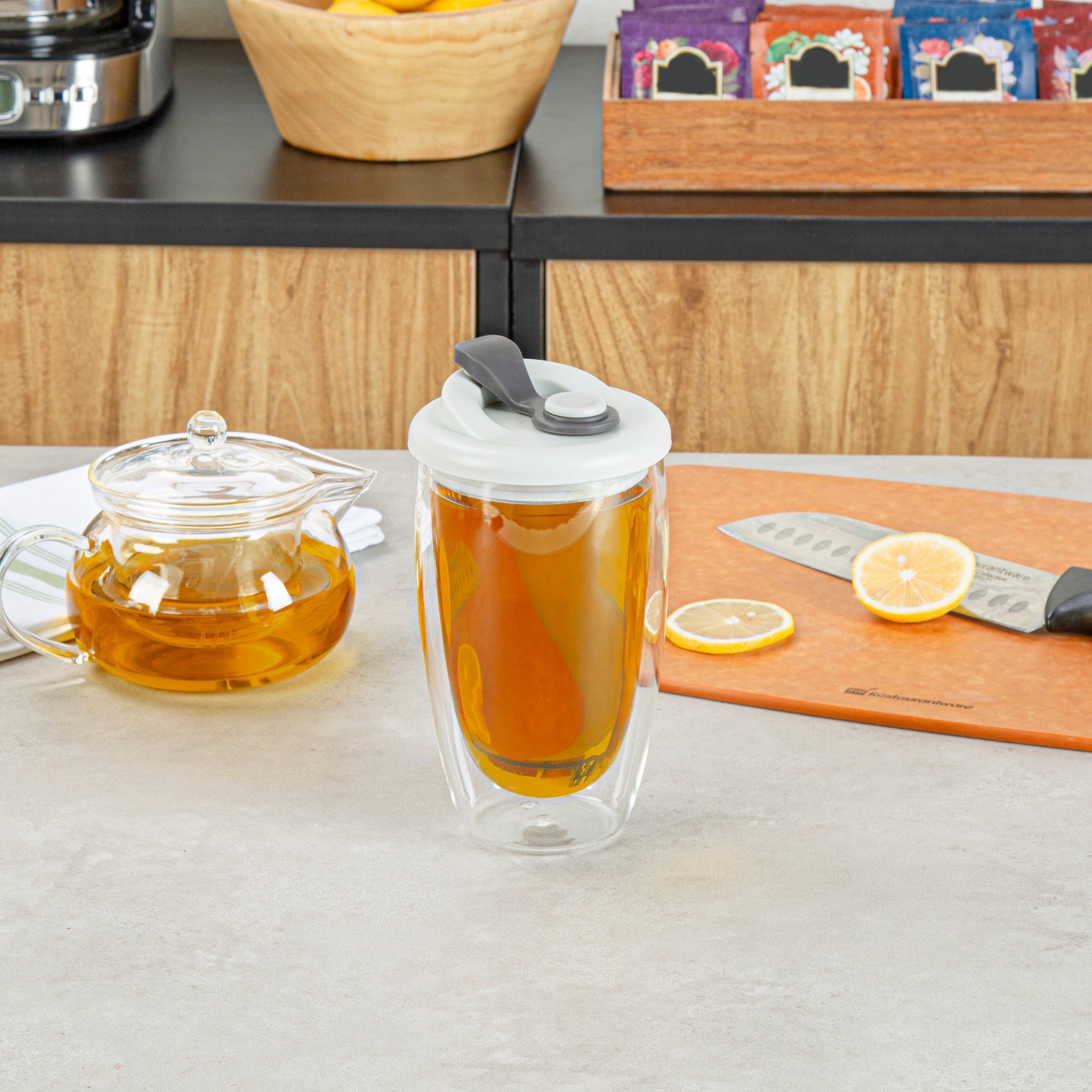 Forma Professional 15 oz Glass Travel Mug - Double Wall, Borosilicate, with Gray Lid - 10 count box