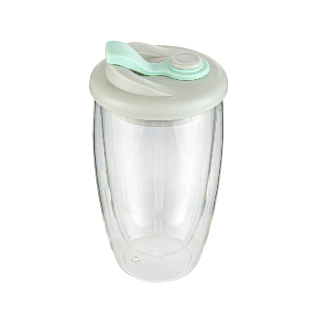 Forma Professional 15 oz Glass Travel Mug - Double Wall, Borosilicate, with Gray and Green Lid - 1 count box