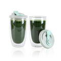 Forma Professional 15 oz Glass Travel Mug - Double Wall, Borosilicate, with Gray and Green Lid - 1 count box