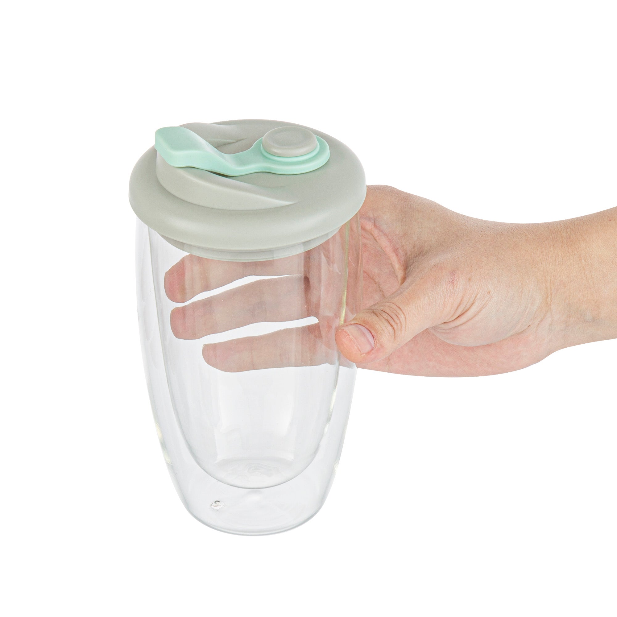 Forma Professional 15 oz Glass Travel Mug - Double Wall, Borosilicate, with Gray and Green Lid - 1 count box