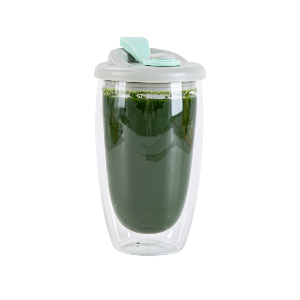 Forma Professional 15 oz Glass Travel Mug - Double Wall, Borosilicate, with Gray and Green Lid - 1 count box