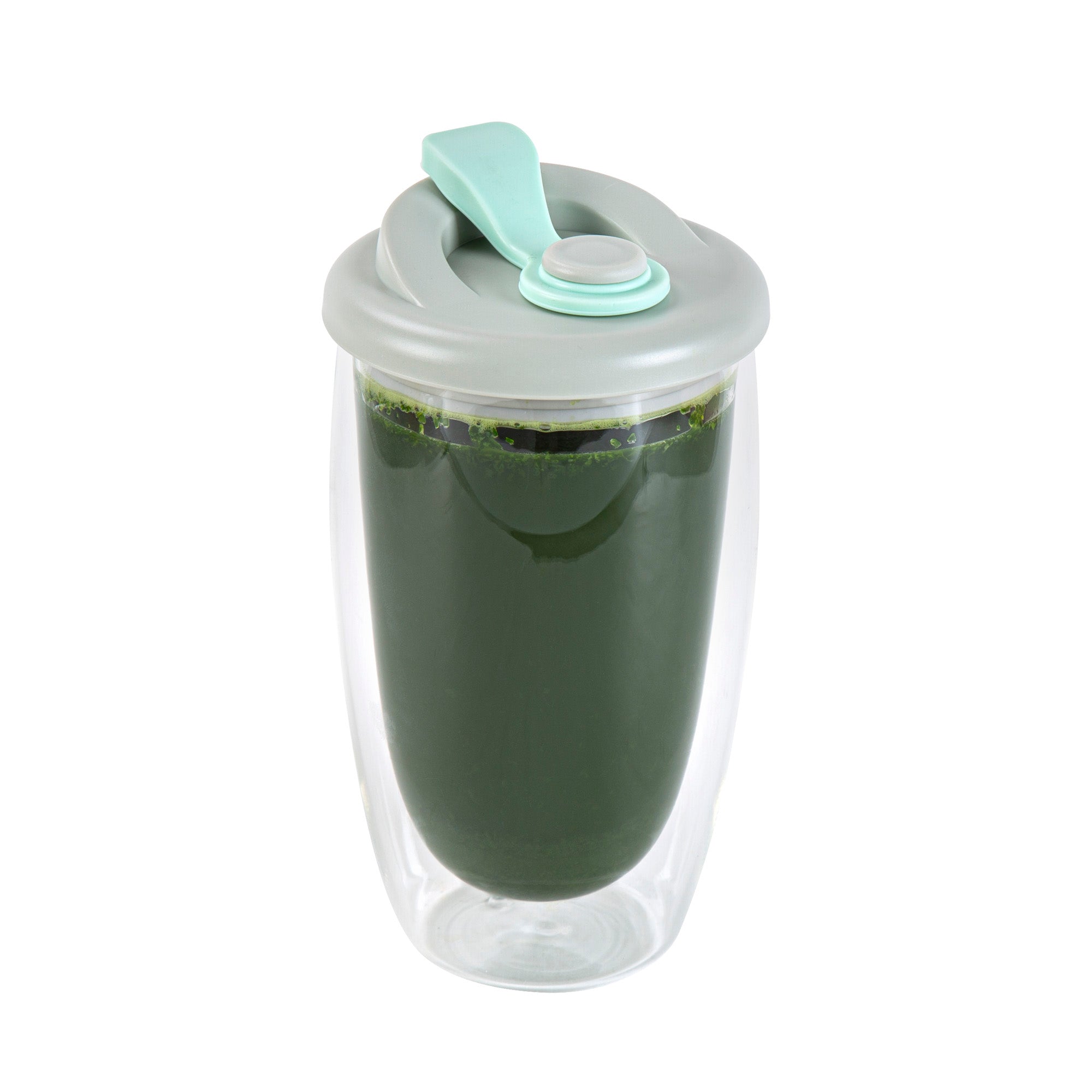 Forma Professional 15 oz Glass Travel Mug - Double Wall, Borosilicate, with Gray and Green Lid - 1 count box