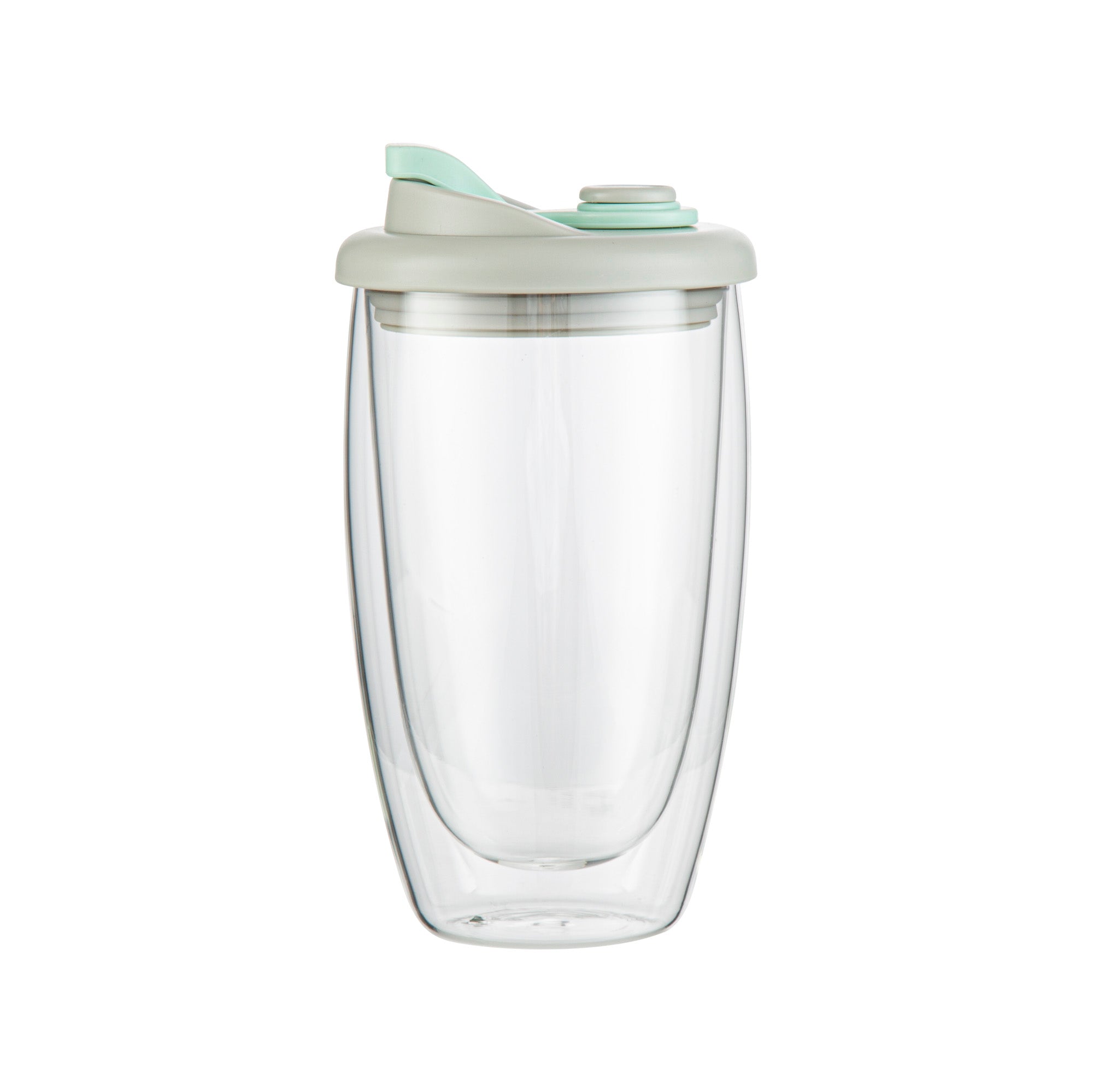 Forma Professional 15 oz Glass Travel Mug - Double Wall, Borosilicate, with Gray and Green Lid - 1 count box