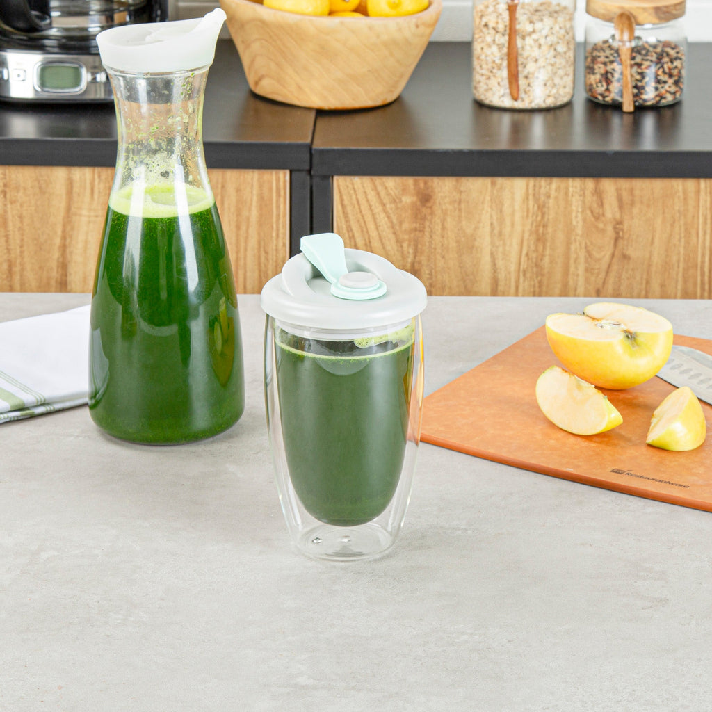 Forma Professional 15 oz Glass Travel Mug - Double Wall, Borosilicate, with Gray and Green Lid - 1 count box