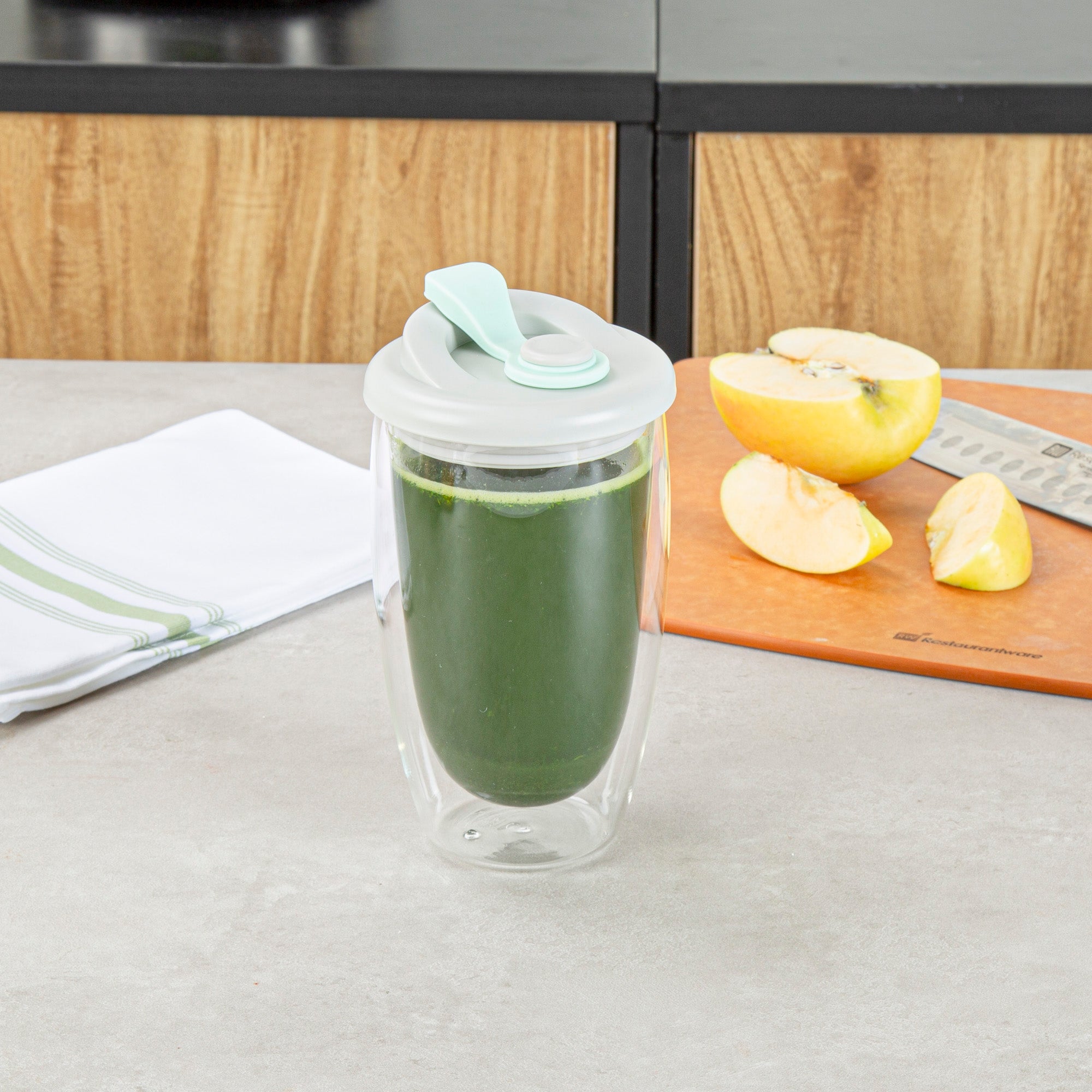 Forma Professional 15 oz Glass Travel Mug - Double Wall, Borosilicate, with Gray and Green Lid - 10 count box