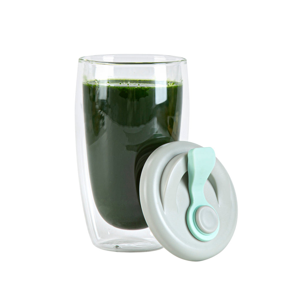 Forma Professional 15 oz Glass Travel Mug - Double Wall, Borosilicate, with Gray and Green Lid - 10 count box