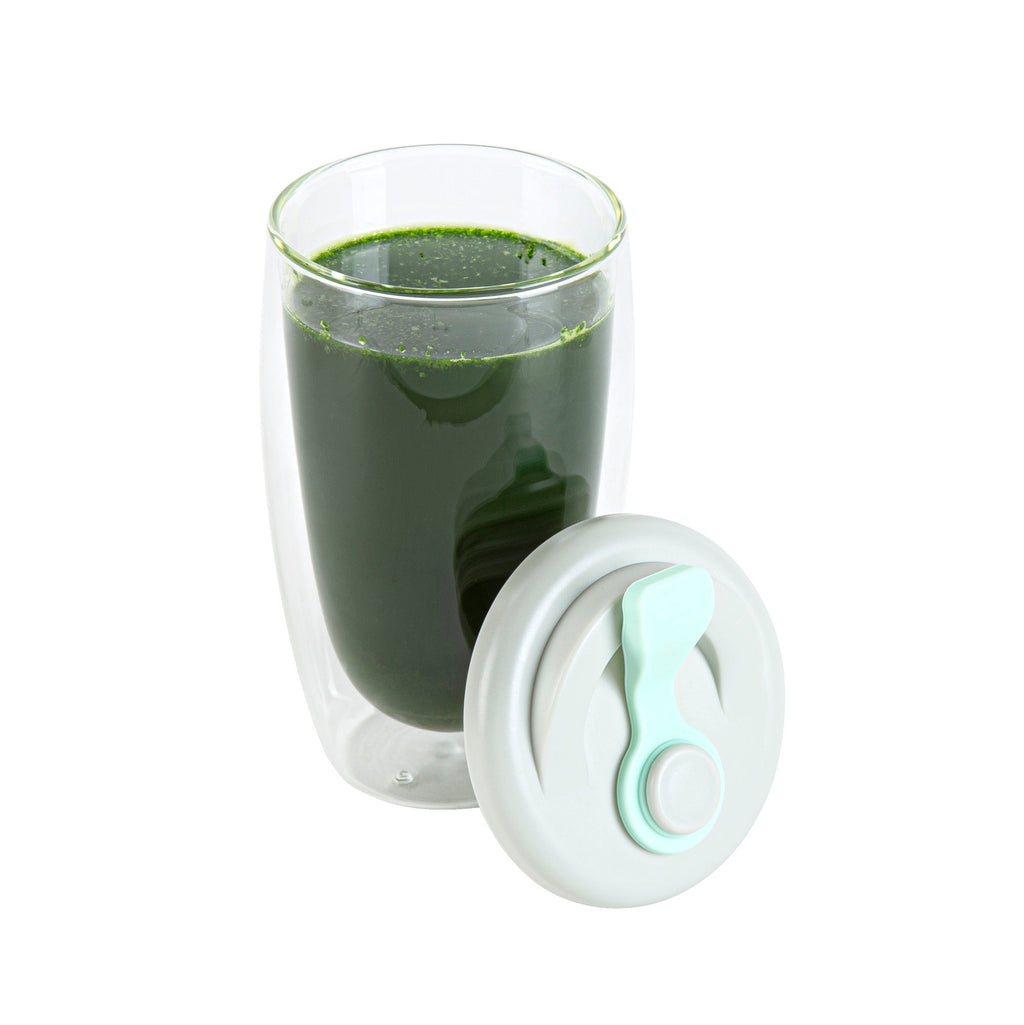 Forma Professional 15 oz Glass Travel Mug - Double Wall, Borosilicate, with Gray and Green Lid - 10 count box