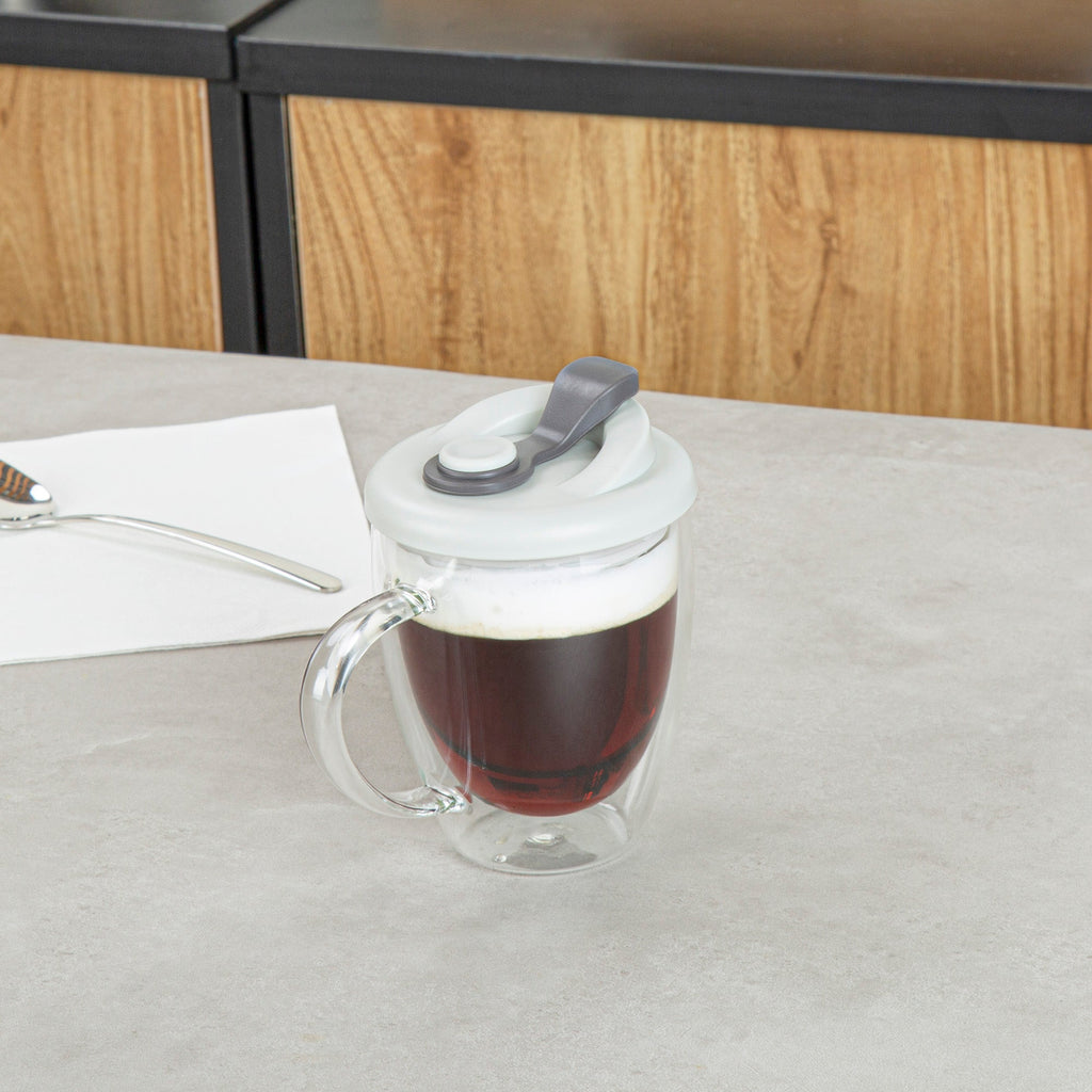 Forma Professional 12 oz Glass Travel Mug - Double Wall, Borosilicate, with Handle and Gray Lid - 1 count box