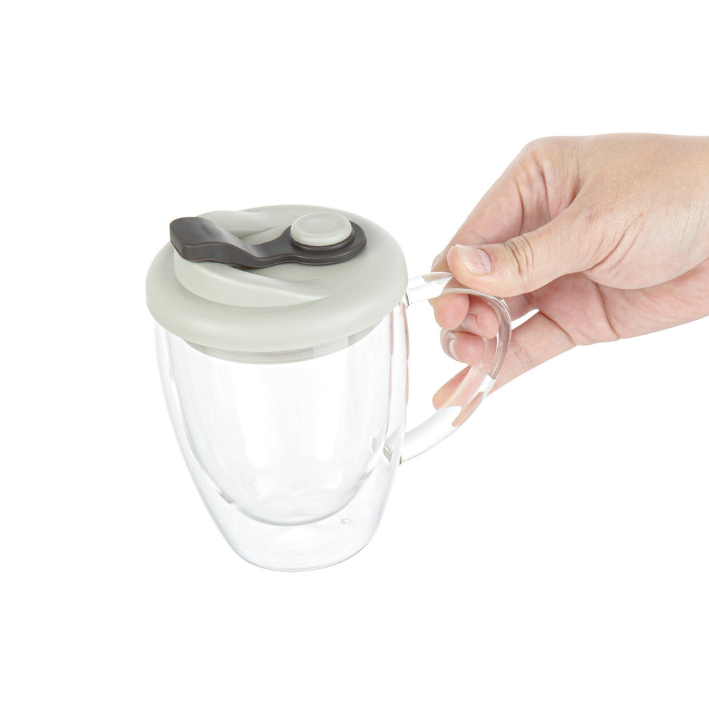 Forma Professional 12 oz Glass Travel Mug - Double Wall, Borosilicate, with Handle and Gray Lid - 1 count box