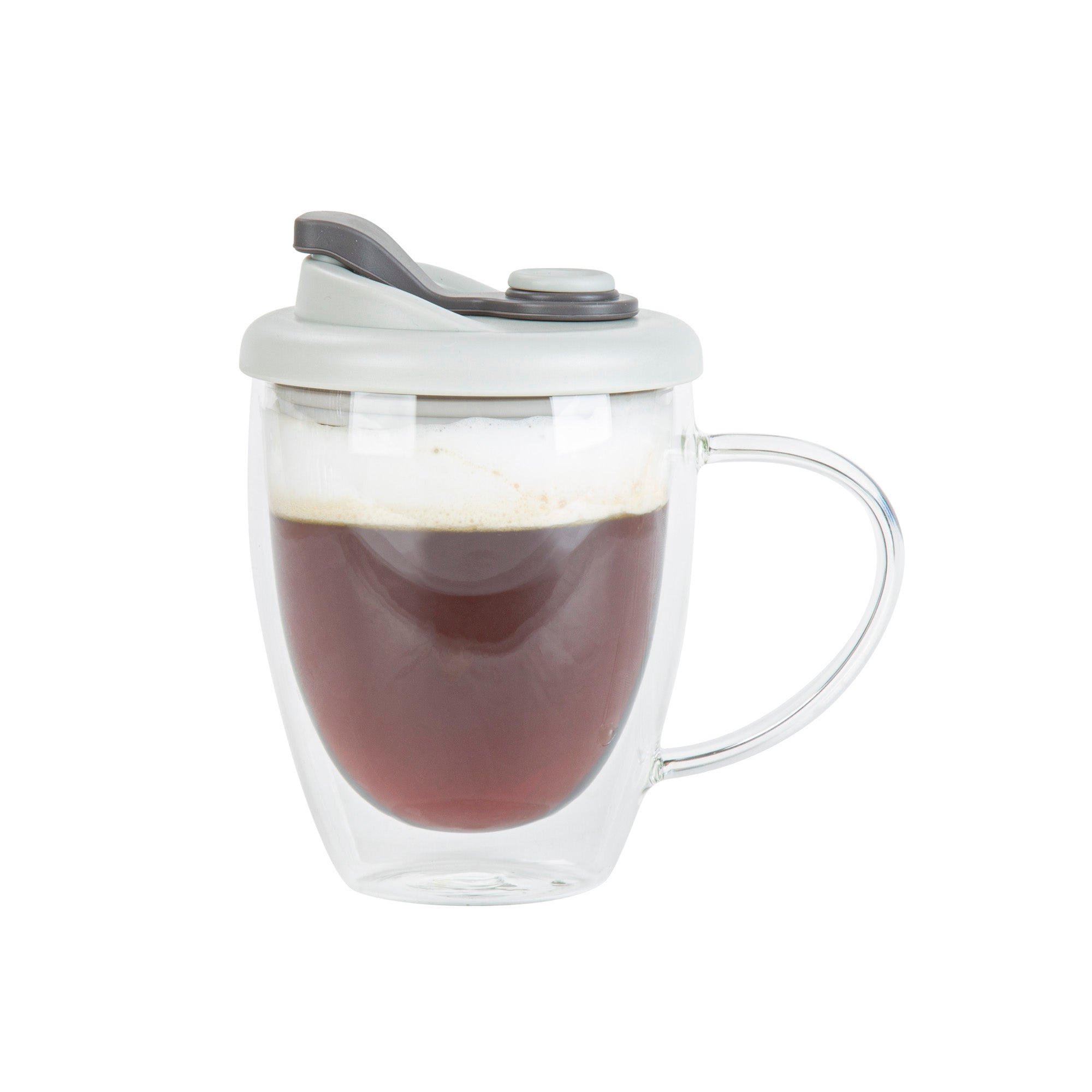 Forma Professional 12 oz Glass Travel Mug - Double Wall, Borosilicate, with Handle and Gray Lid - 10 count box