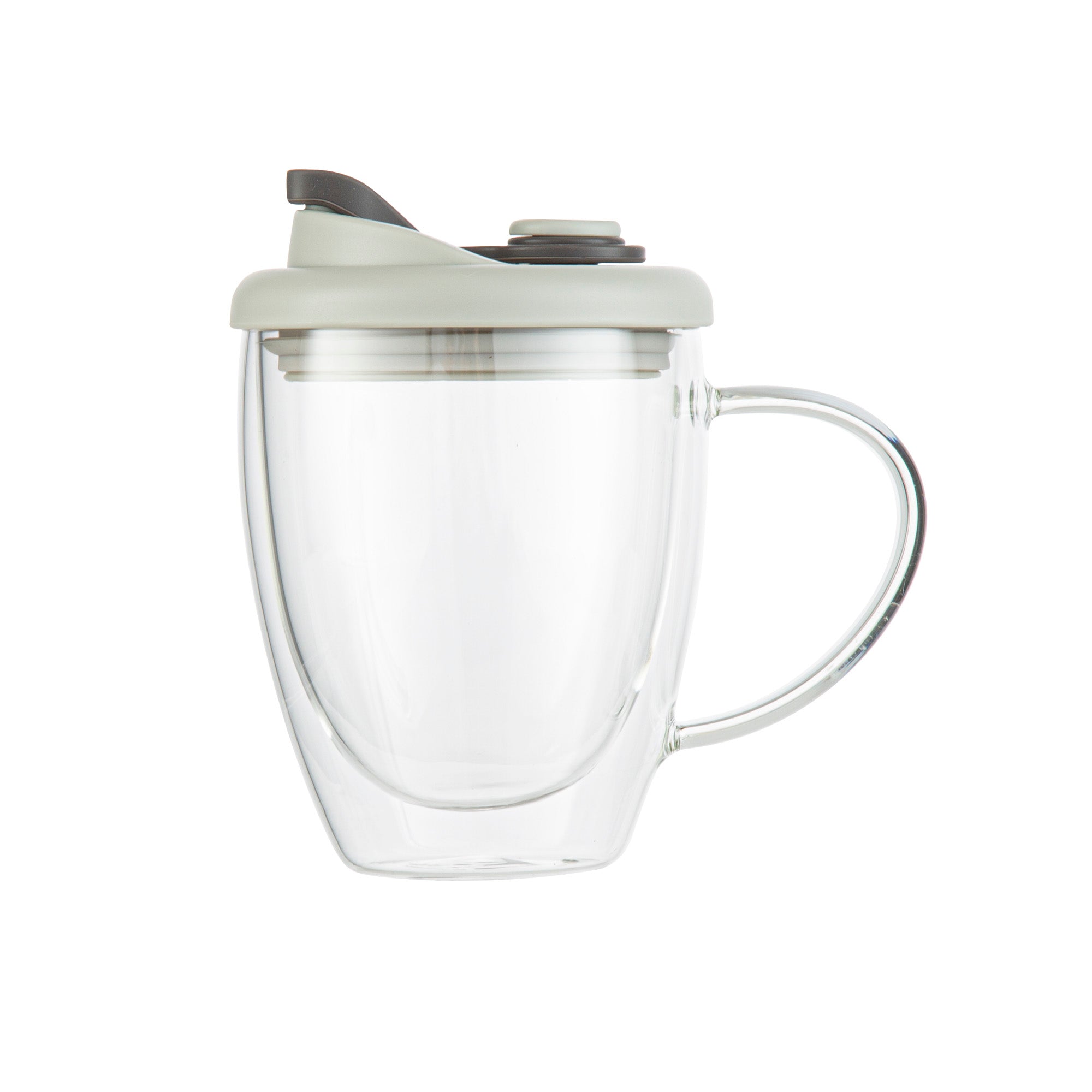 Forma Professional 12 oz Glass Travel Mug - Double Wall, Borosilicate, with Handle and Gray Lid - 10 count box
