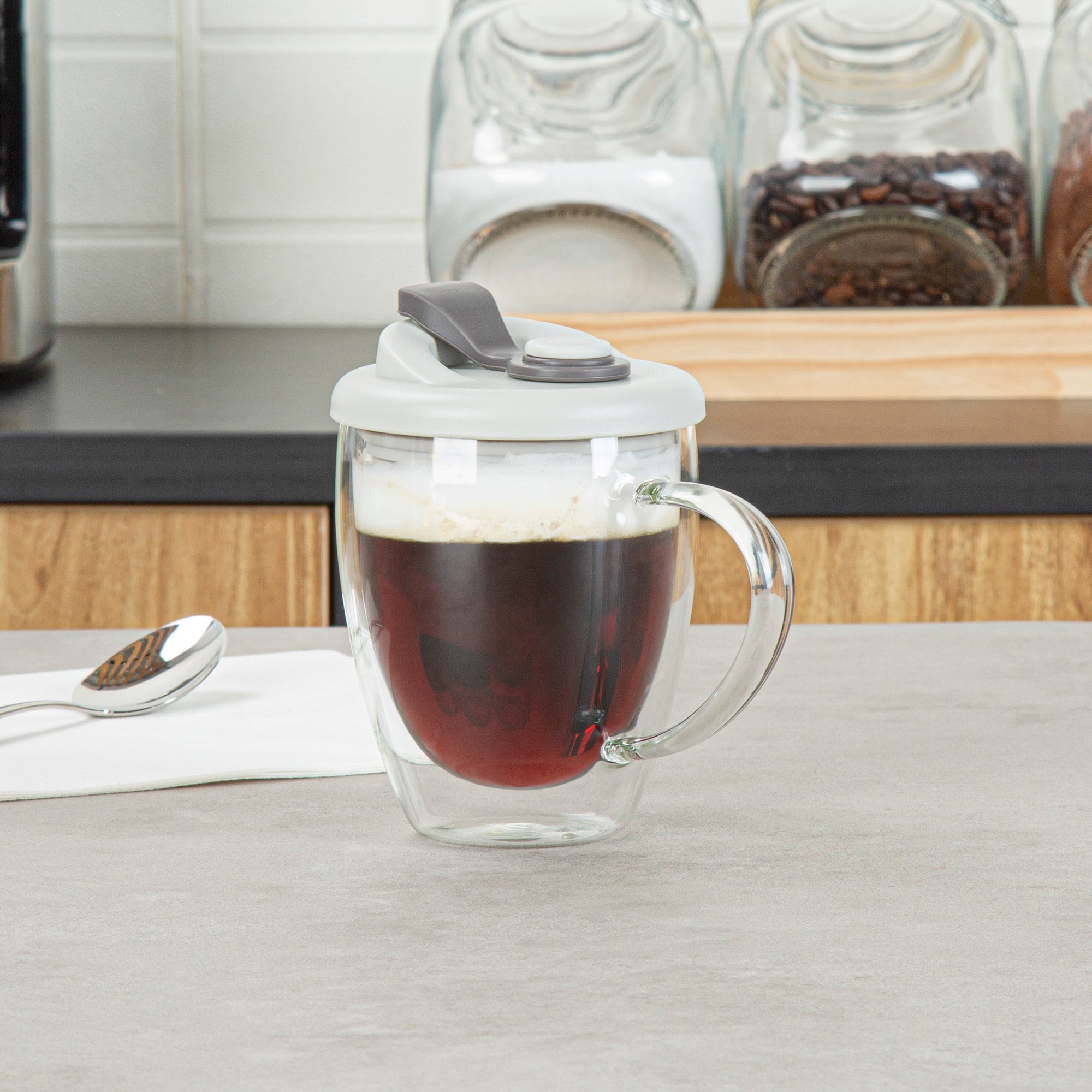 Forma Professional 12 oz Glass Travel Mug - Double Wall, Borosilicate, with Handle and Gray Lid - 10 count box