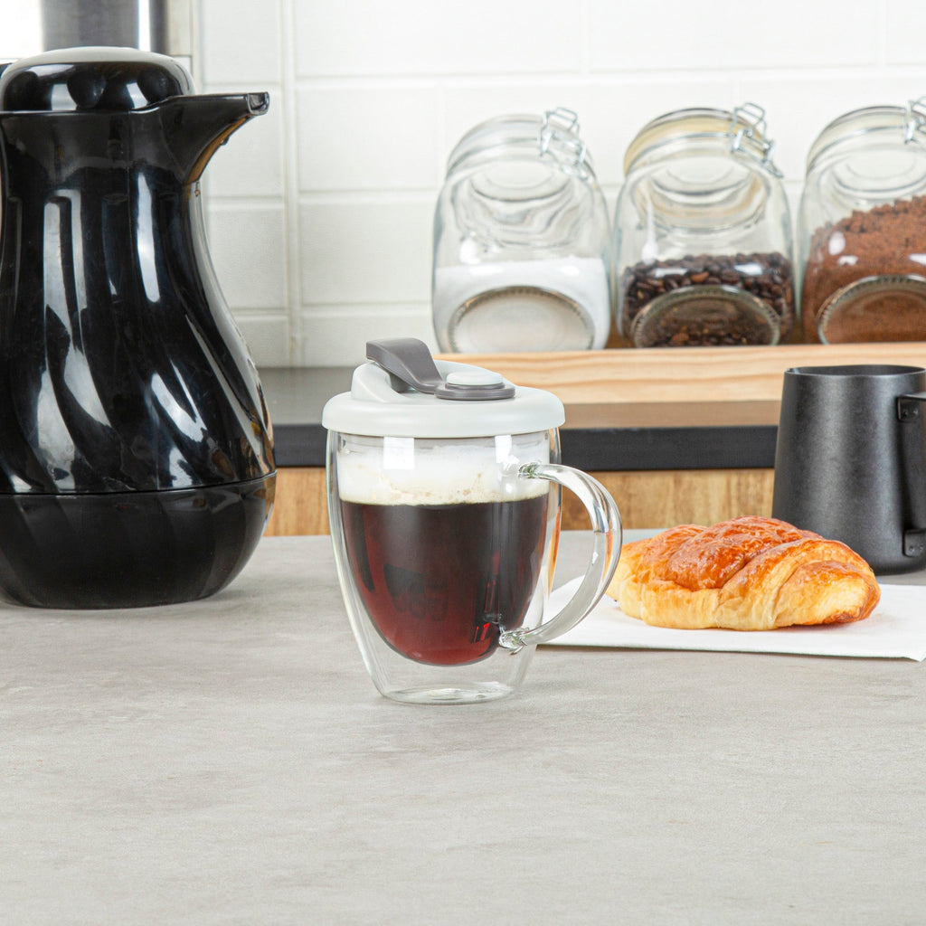 Forma Professional 12 oz Glass Travel Mug - Double Wall, Borosilicate, with Handle and Gray Lid - 10 count box