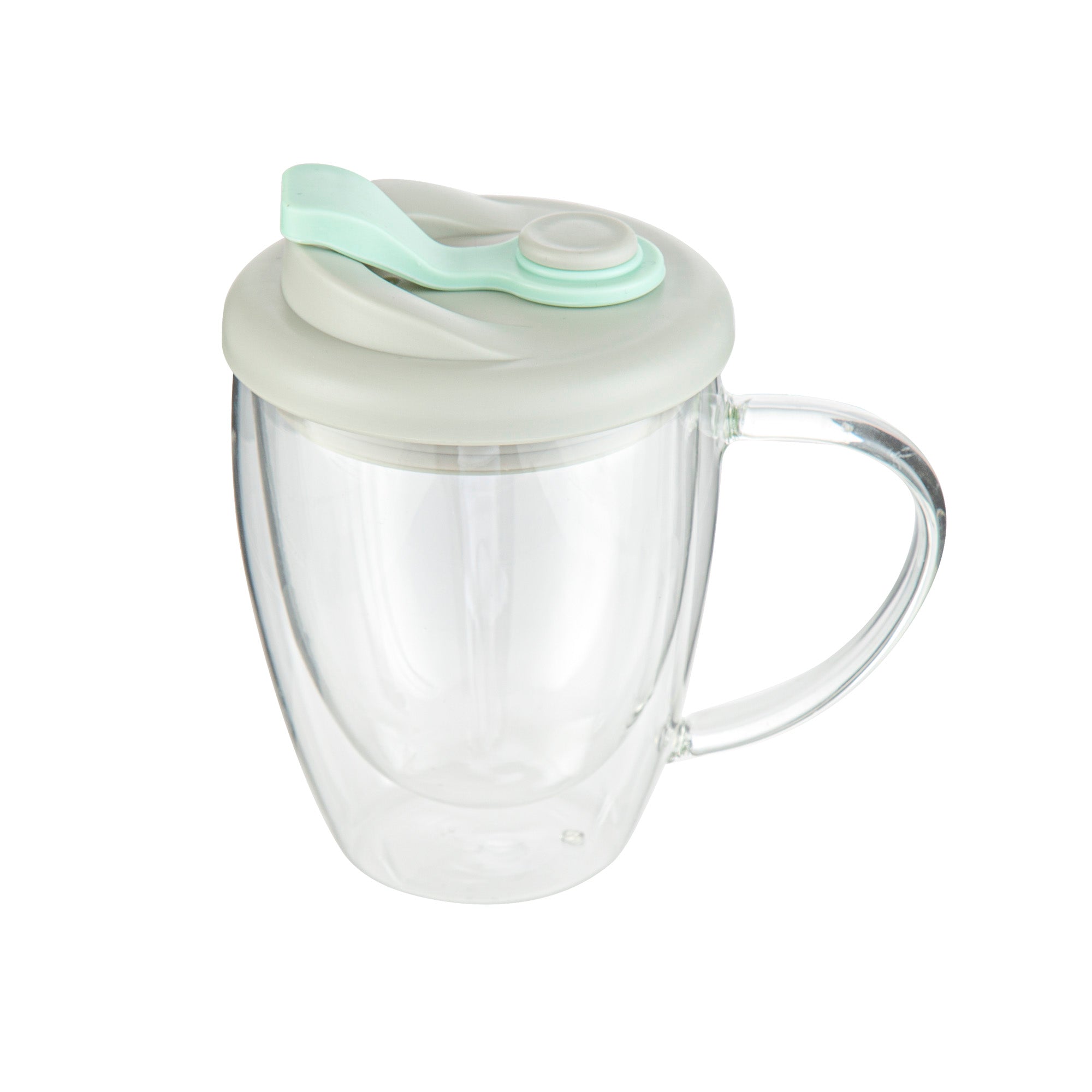 Forma Professional 12 oz Glass Travel Mug - Double Wall, Borosilicate, with Handle and Gray and Green Lid - 1 count box