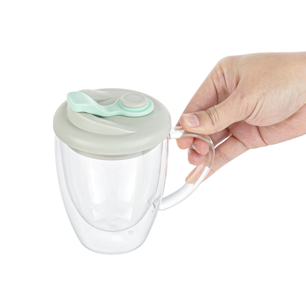 Forma Professional 12 oz Glass Travel Mug - Double Wall, Borosilicate, with Handle and Gray and Green Lid - 1 count box