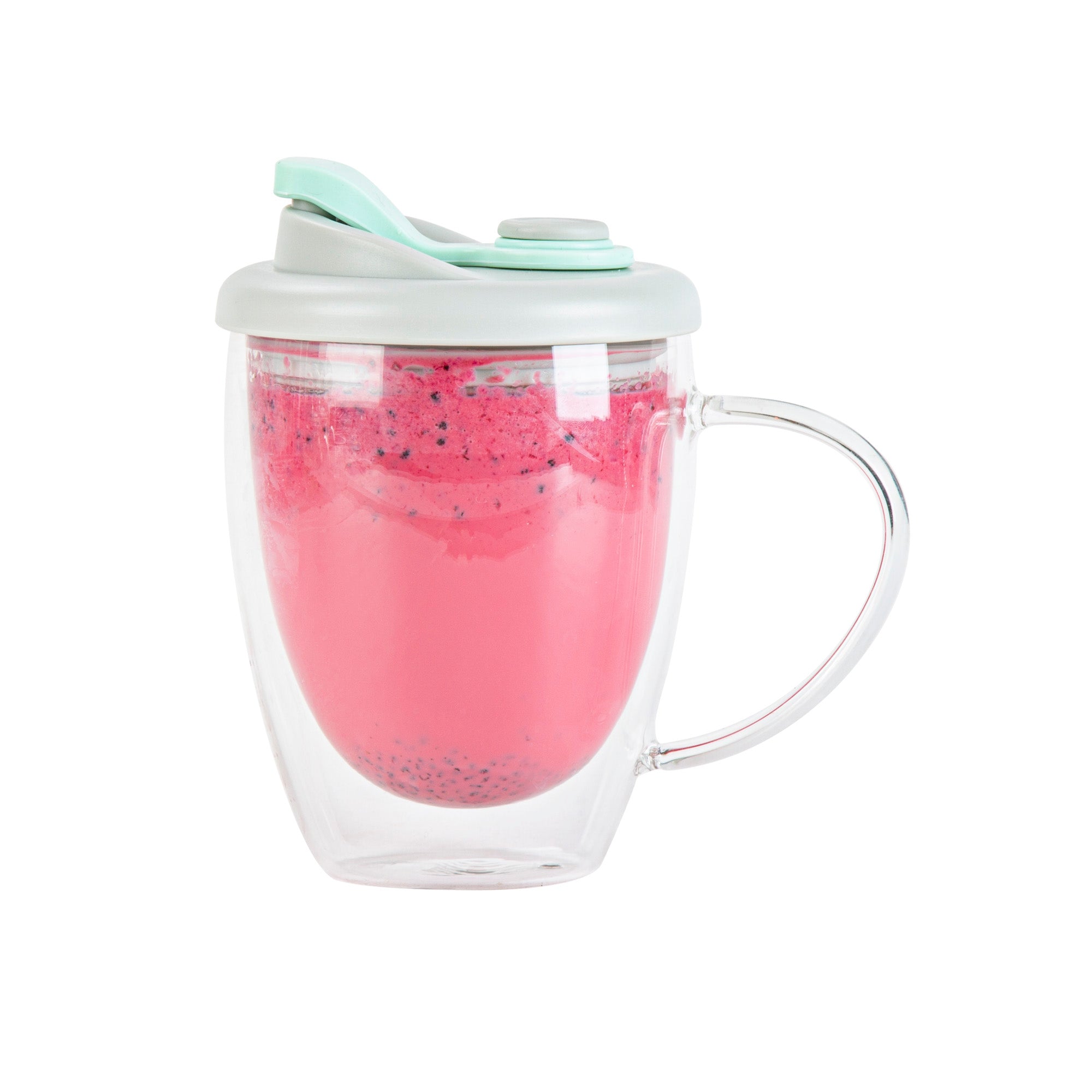 Forma Professional 12 oz Glass Travel Mug - Double Wall, Borosilicate, with Handle and Gray and Green Lid - 1 count box