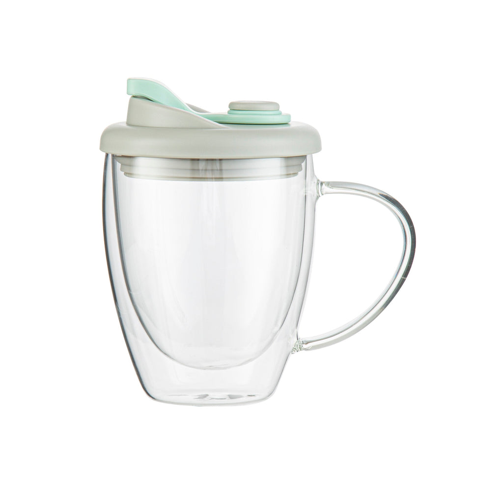 Forma Professional 12 oz Glass Travel Mug - Double Wall, Borosilicate, with Handle and Gray and Green Lid - 1 count box