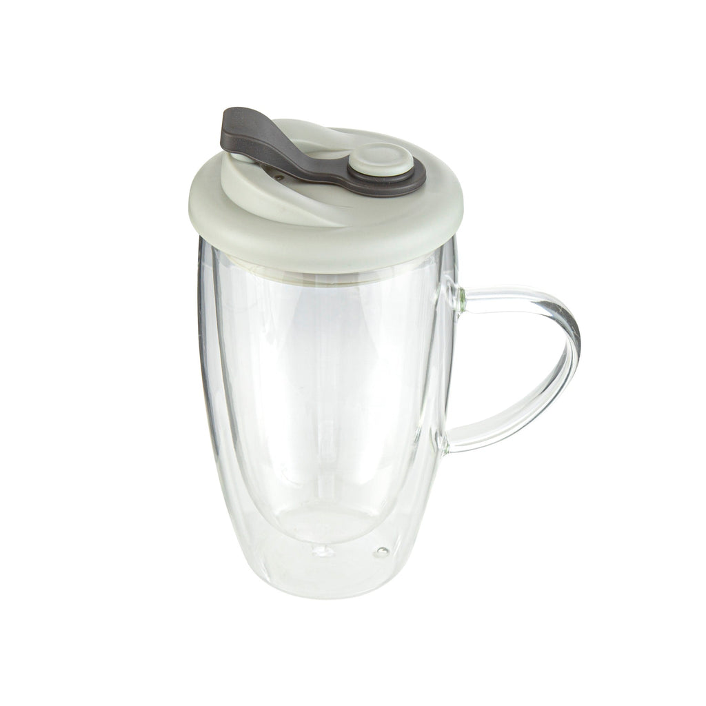 Forma Professional 15 oz Glass Travel Mug - Double Wall, Borosilicate, with Handle and Gray Lid - 1 count box