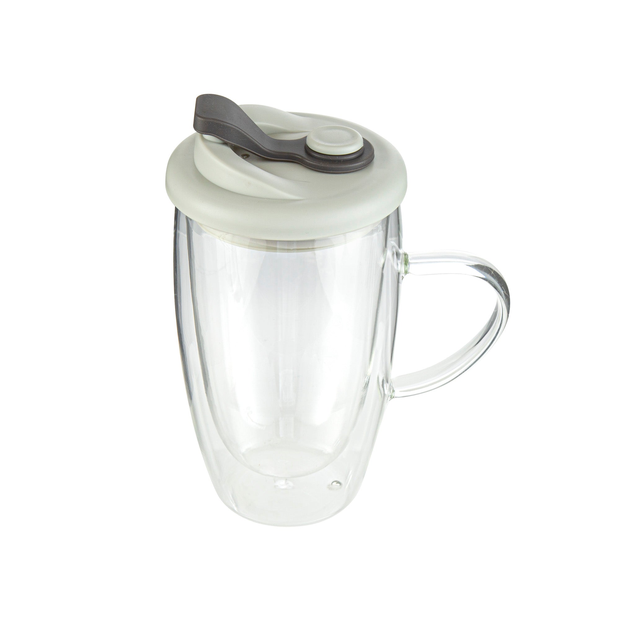 Forma Professional 15 oz Glass Travel Mug - Double Wall, Borosilicate, with Handle and Gray Lid - 1 count box