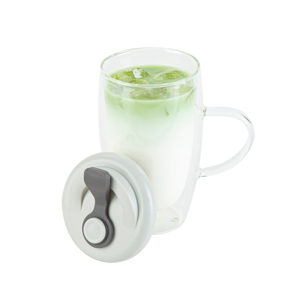 Forma Professional 15 oz Glass Travel Mug - Double Wall, Borosilicate, with Handle and Gray Lid - 1 count box
