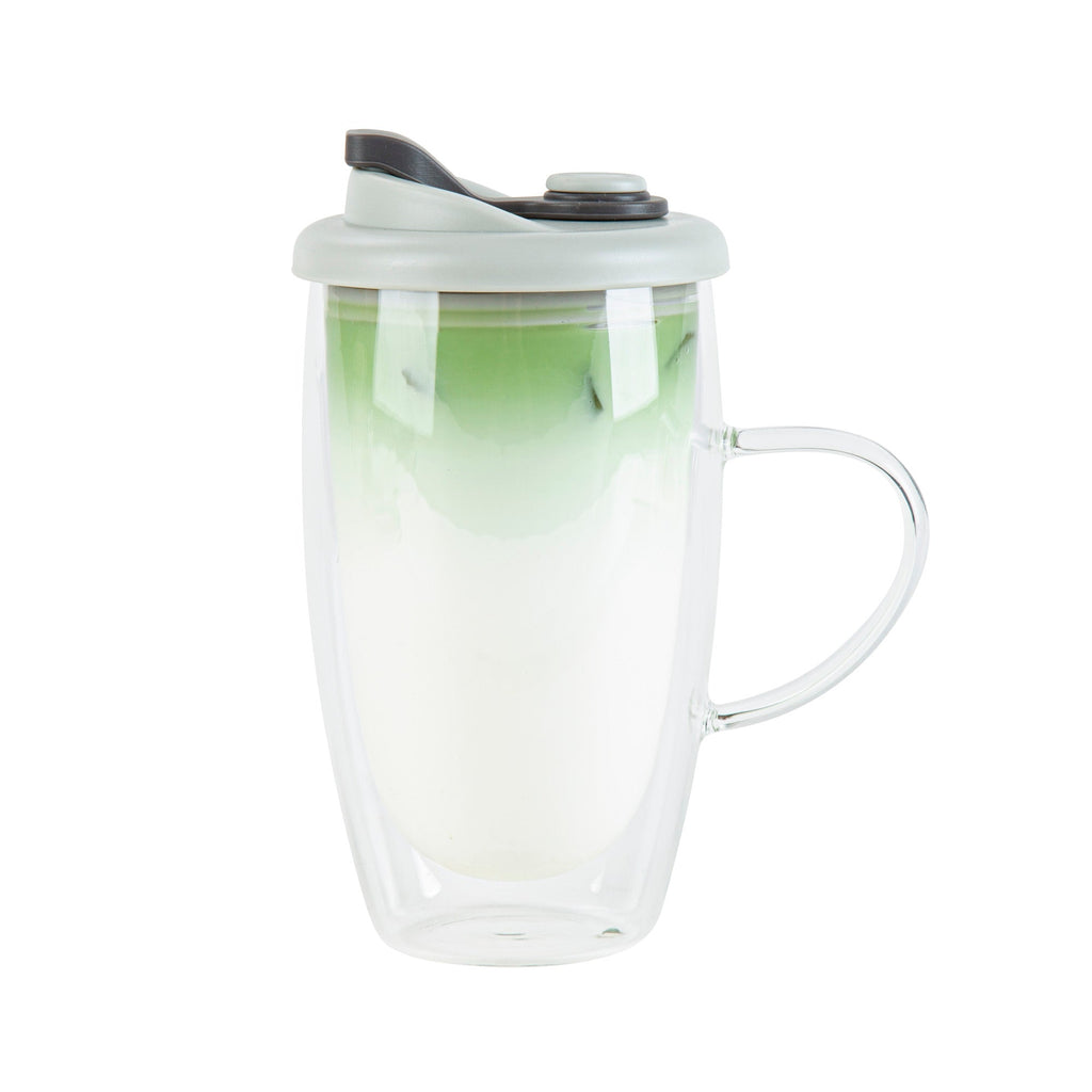 Forma Professional 15 oz Glass Travel Mug - Double Wall, Borosilicate, with Handle and Gray Lid - 1 count box