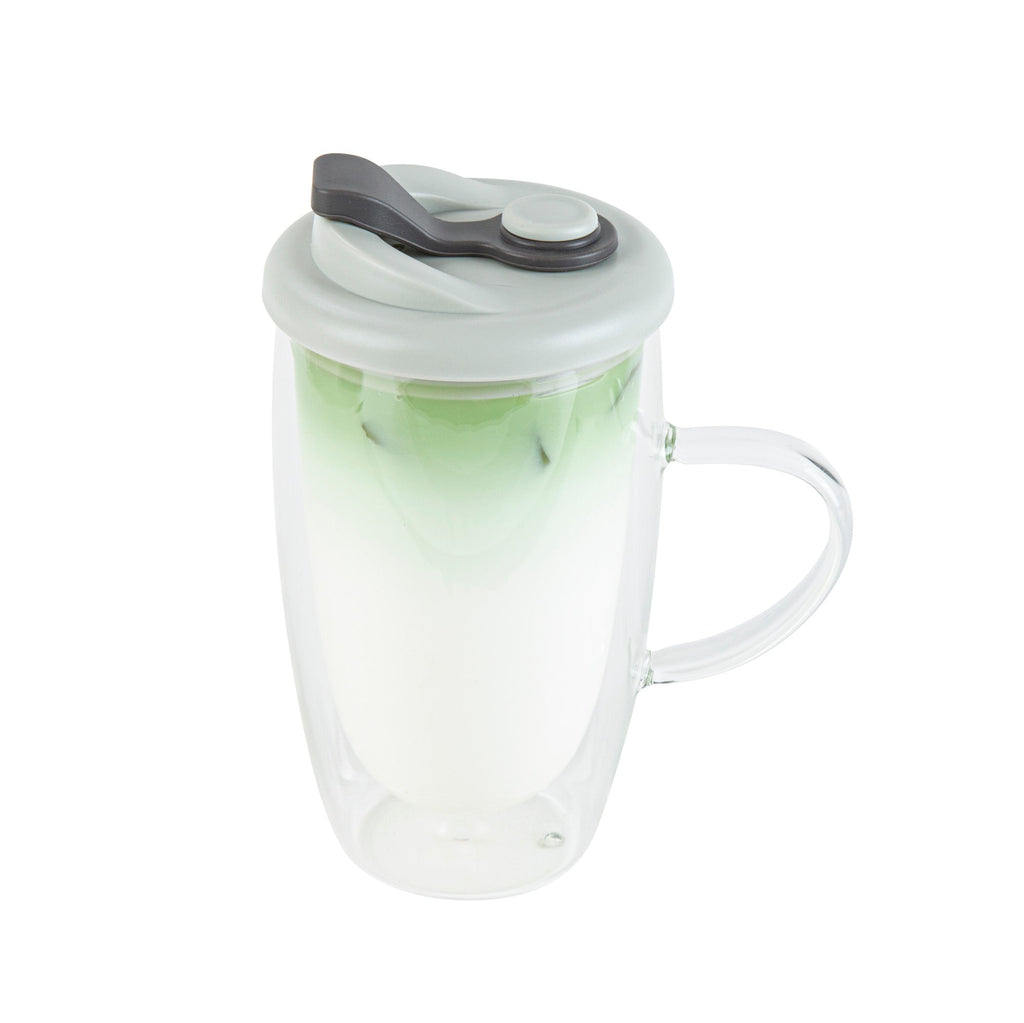 Forma Professional 15 oz Glass Travel Mug - Double Wall, Borosilicate, with Handle and Gray Lid - 1 count box