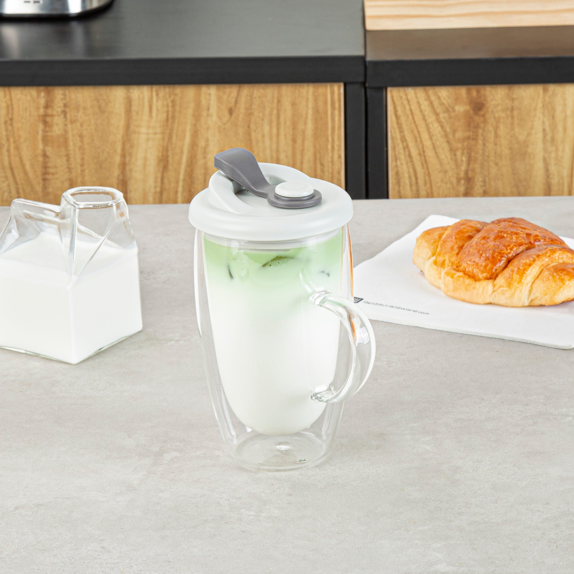Forma Professional 15 oz Glass Travel Mug - Double Wall, Borosilicate, with Handle and Gray Lid - 1 count box