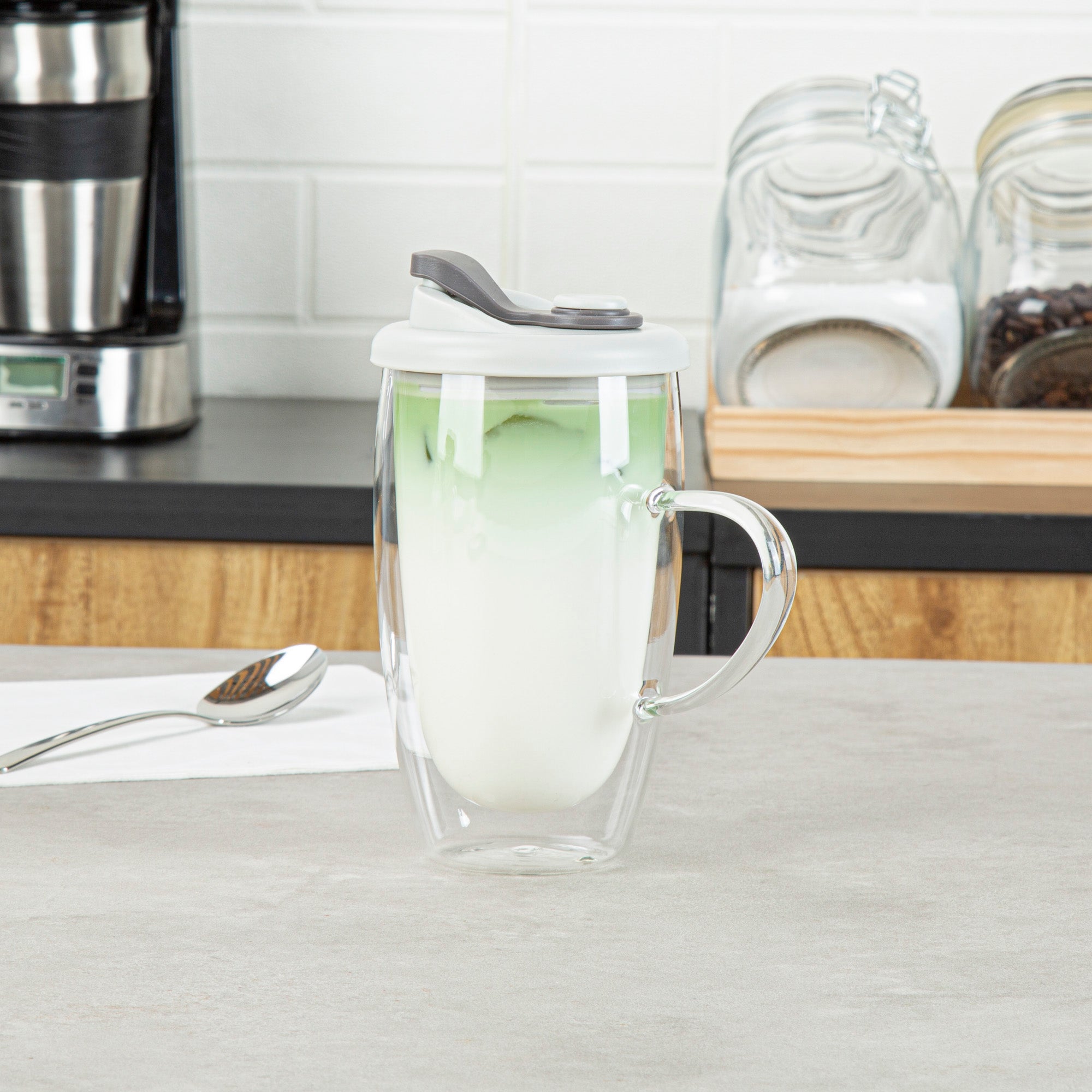 Forma Professional 15 oz Glass Travel Mug - Double Wall, Borosilicate, with Handle and Gray Lid - 1 count box
