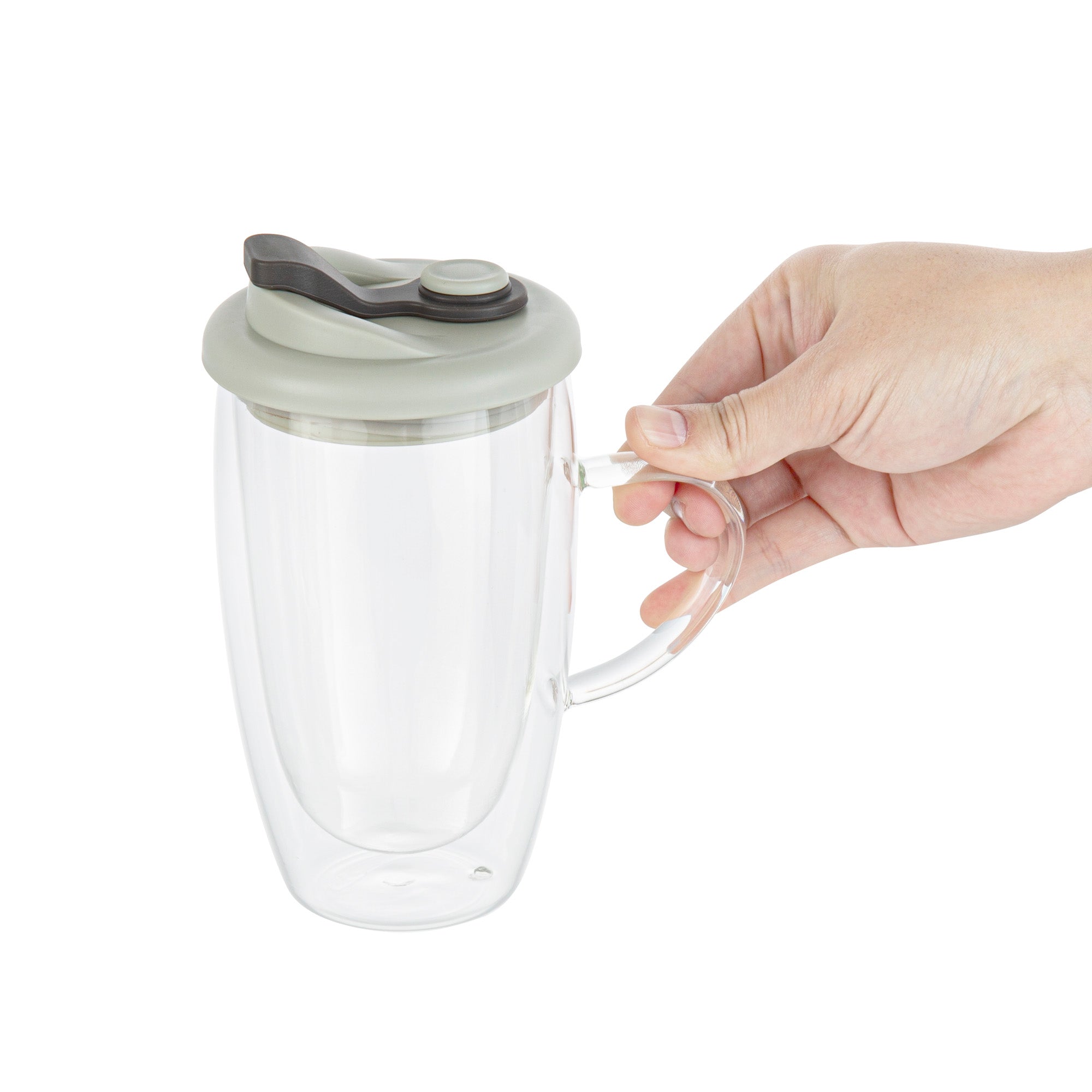 Forma Professional 15 oz Glass Travel Mug - Double Wall, Borosilicate, with Handle and Gray Lid - 10 count box