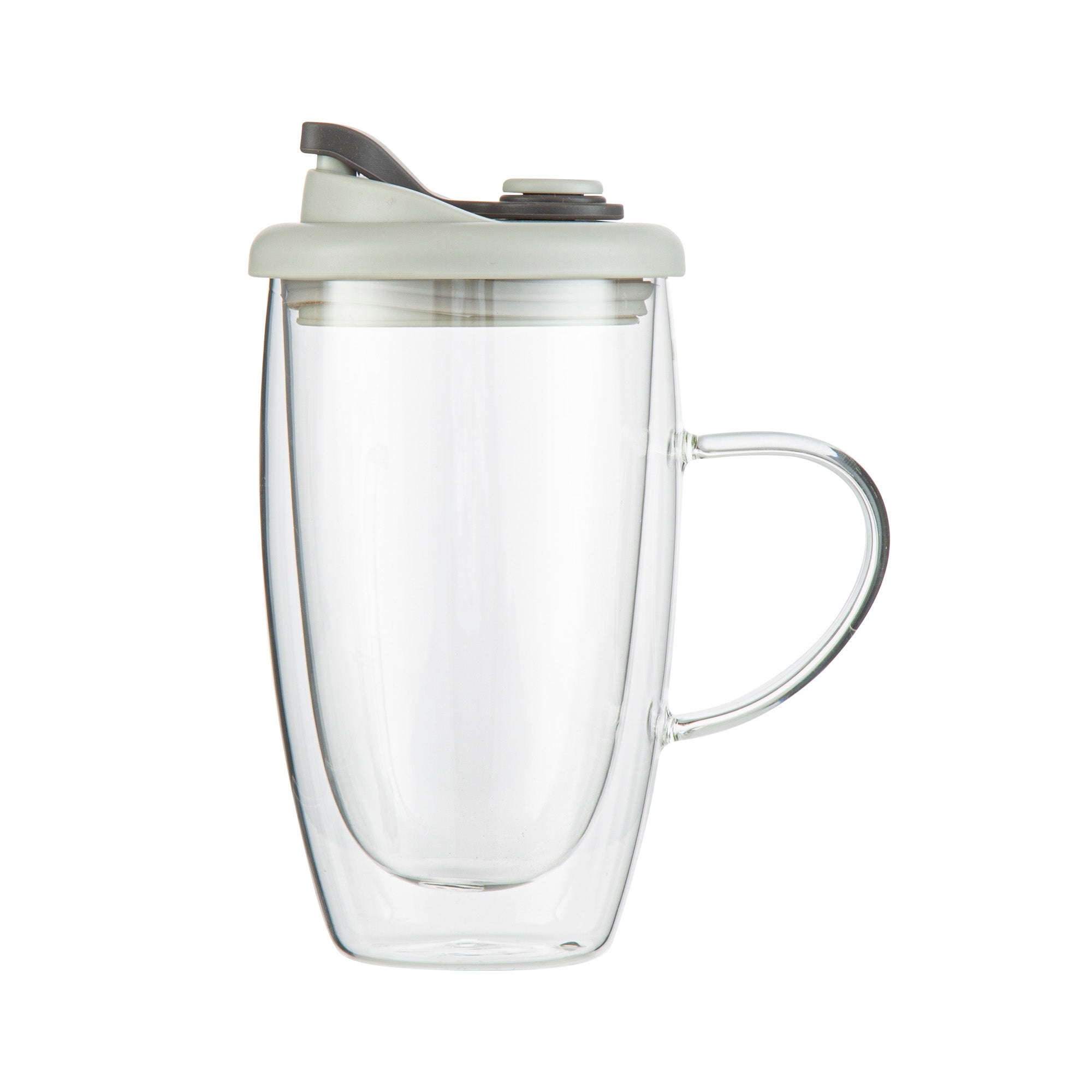 Forma Professional 15 oz Glass Travel Mug - Double Wall, Borosilicate, with Handle and Gray Lid - 10 count box