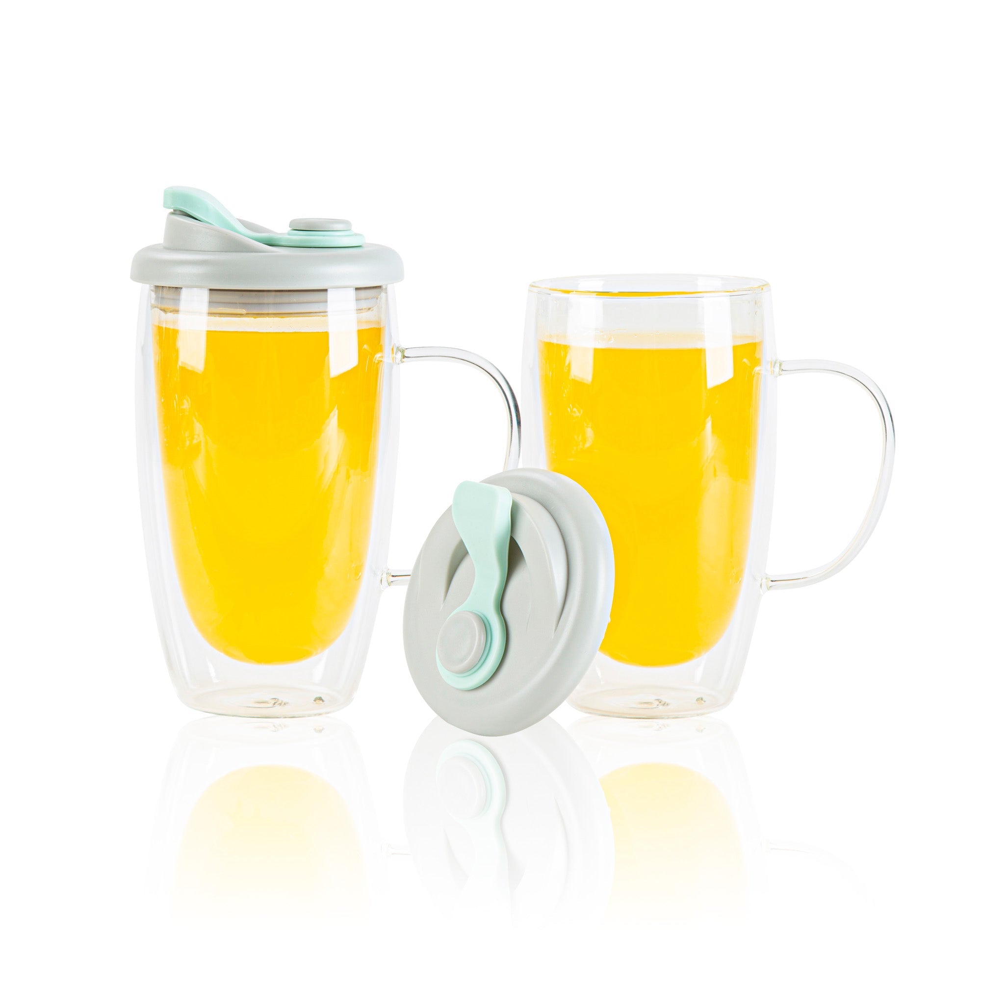Forma Professional 15 oz Glass Travel Mug - Double Wall, Borosilicate, with Handle and Gray and Green Lid - 1 count box