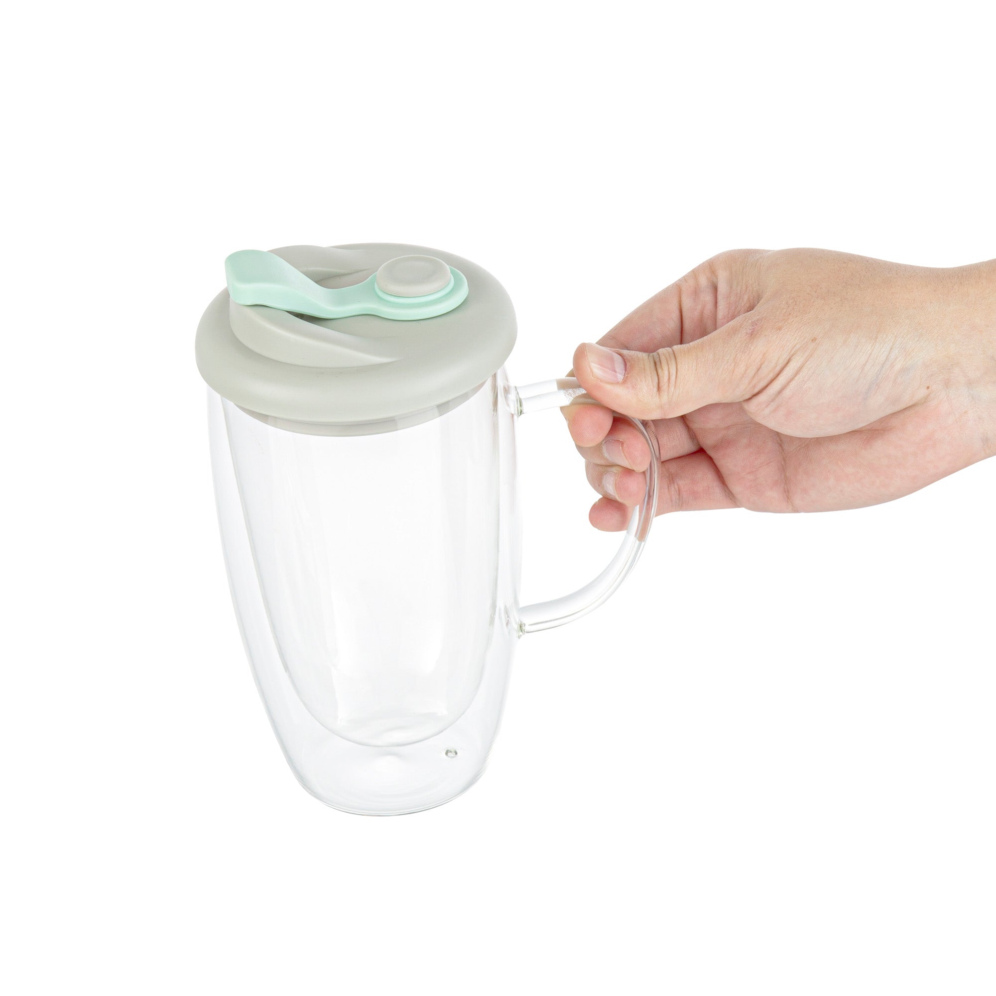 Forma Professional 15 oz Glass Travel Mug - Double Wall, Borosilicate, with Handle and Gray and Green Lid - 1 count box
