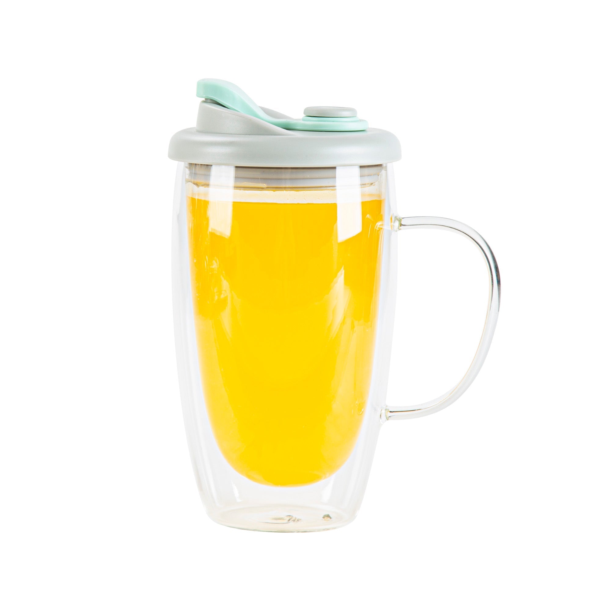 Forma Professional 15 oz Glass Travel Mug - Double Wall, Borosilicate, with Handle and Gray and Green Lid - 1 count box