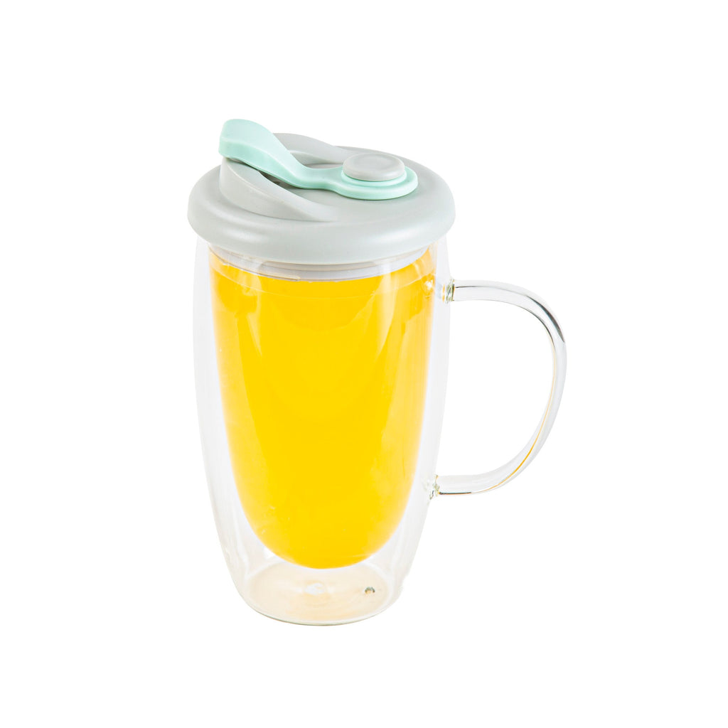 Forma Professional 15 oz Glass Travel Mug - Double Wall, Borosilicate, with Handle and Gray and Green Lid - 1 count box