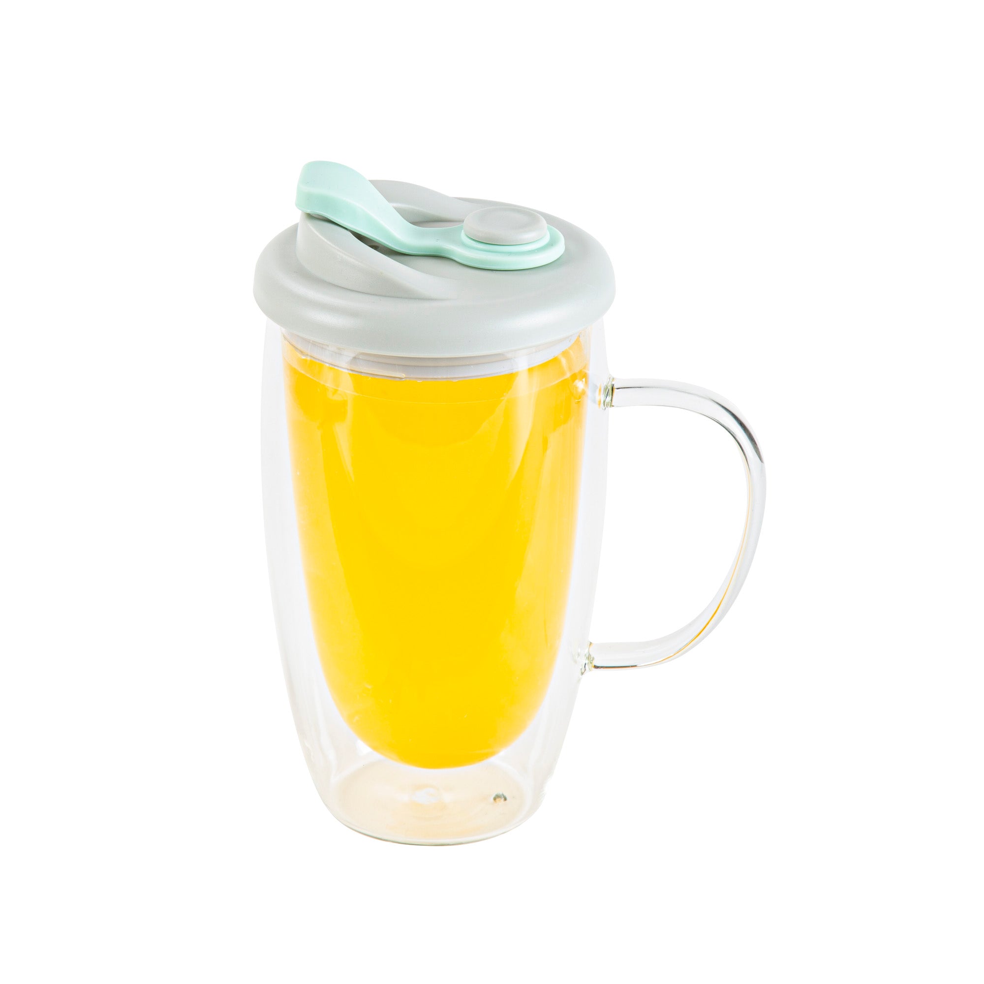 Forma Professional 15 oz Glass Travel Mug - Double Wall, Borosilicate, with Handle and Gray and Green Lid - 1 count box