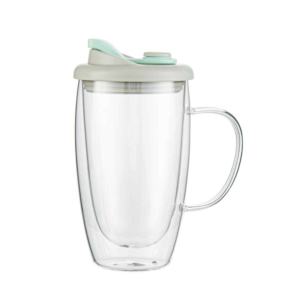 Forma Professional 15 oz Glass Travel Mug - Double Wall, Borosilicate, with Handle and Gray and Green Lid - 1 count box