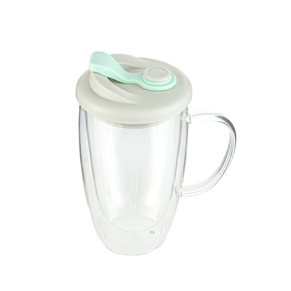 Forma Professional 15 oz Glass Travel Mug - Double Wall, Borosilicate, with Handle and Gray and Green Lid - 10 count box
