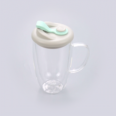 Forma Professional 15 oz Glass Travel Mug - Double Wall, Borosilicate, with Handle and Gray and Green Lid - 10 count box