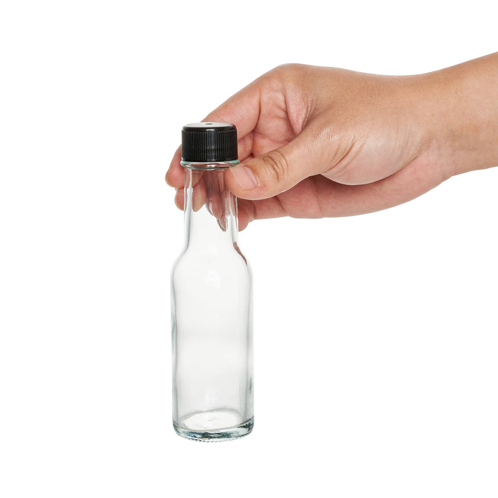 Vetri 3 oz Glass Woozy Bottle - with Black Cap - 1 1/2" x 1 1/2" x 6" - 10 count box