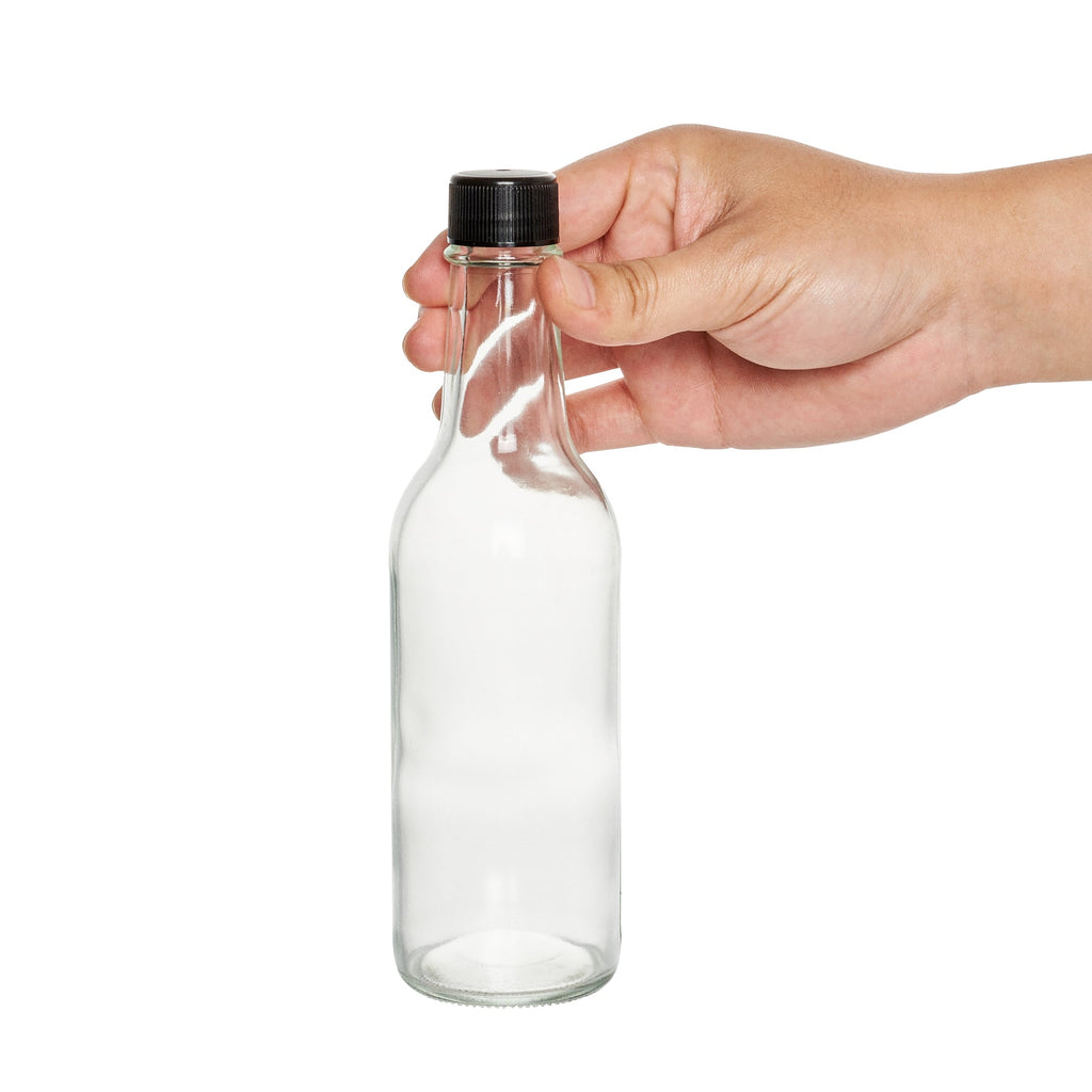 Vetri 9 oz Glass Woozy Bottle - with Black Cap - 2 1/4" x 2 1/4" x 7 3/4" - 10 count box