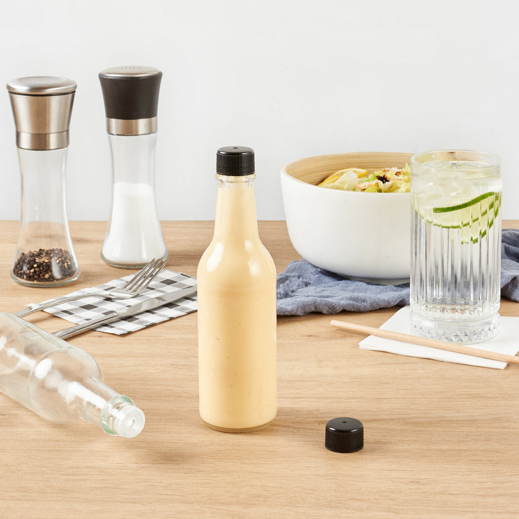 Vetri 9 oz Glass Woozy Bottle - with Black Cap - 2 1/4" x 2 1/4" x 7 3/4" - 10 count box