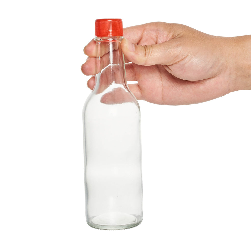 Vetri 9 oz Glass Woozy Bottle - with Red Cap - 2 1/4" x 2 1/4" x 7 3/4" - 10 count box