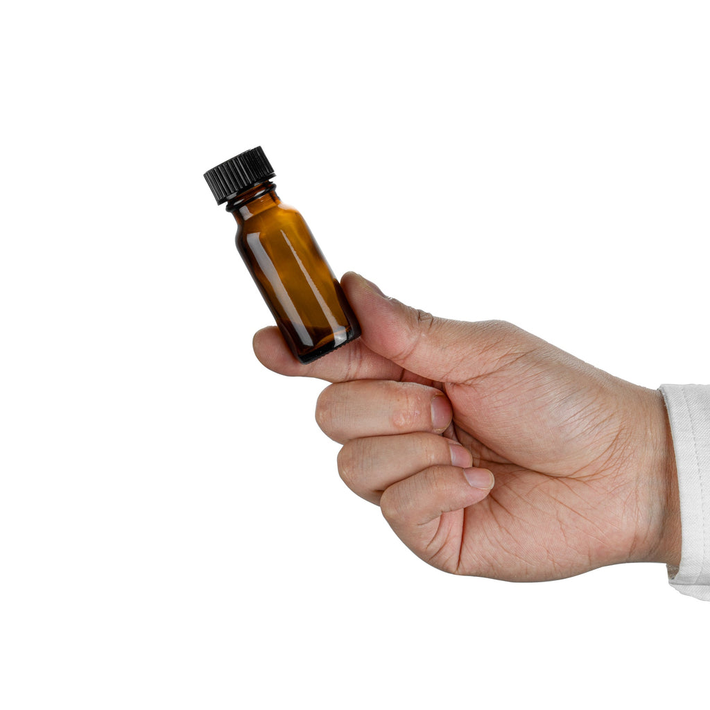 Vetri 0.5 oz Boston Round Amber Glass Bottle - with Black Phenolic Cap - 1" x 1" x 2 3/4" - 48 count box