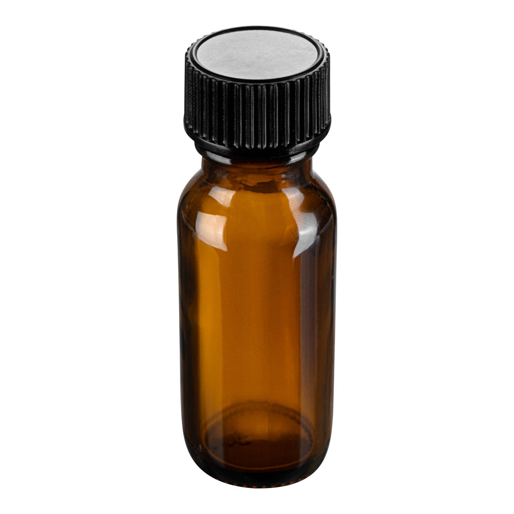Vetri 0.5 oz Boston Round Amber Glass Bottle - with Black Phenolic Cap - 1" x 1" x 2 3/4" - 48 count box