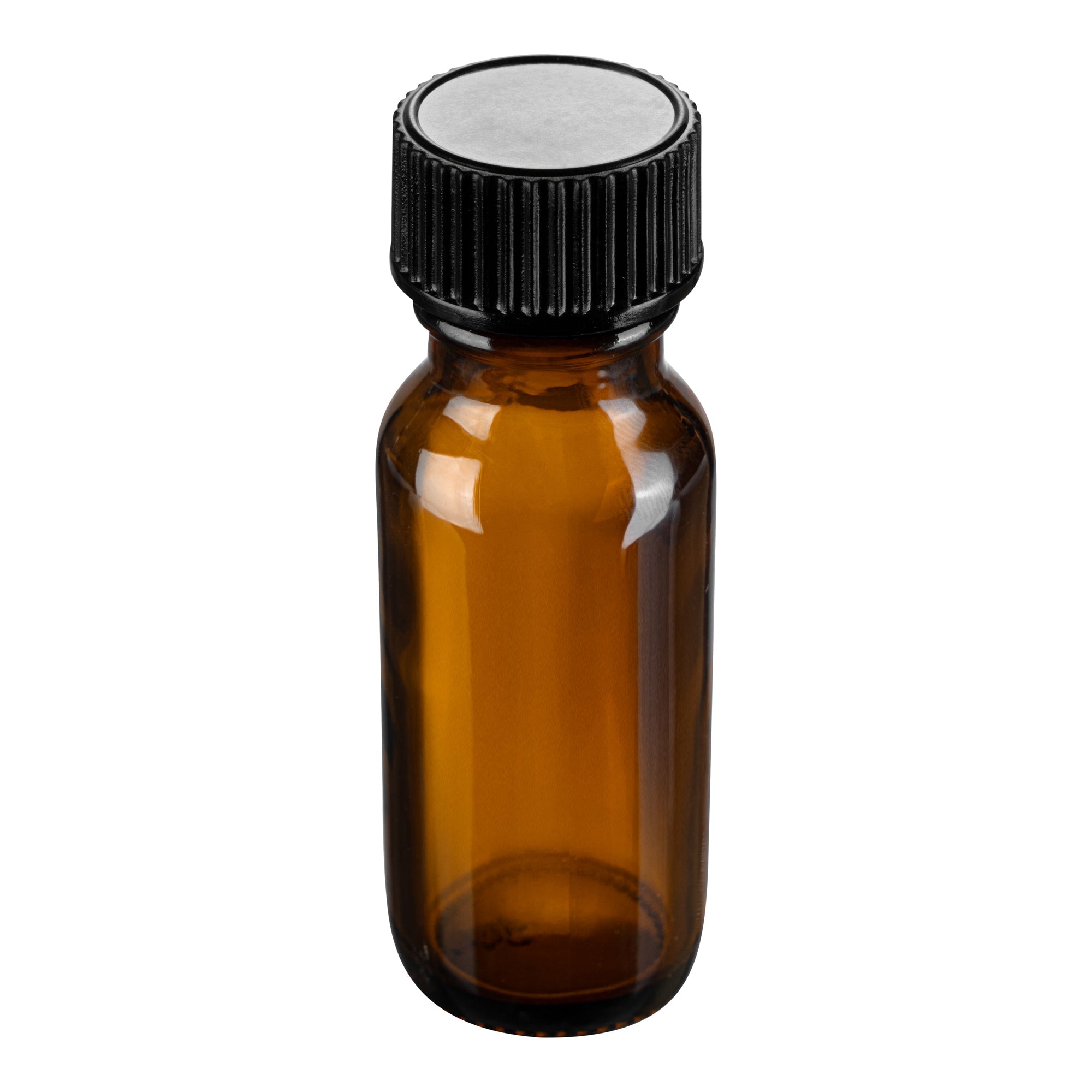 Vetri 0.5 oz Boston Round Amber Glass Bottle - with Black Phenolic Cap - 1" x 1" x 2 3/4" - 48 count box