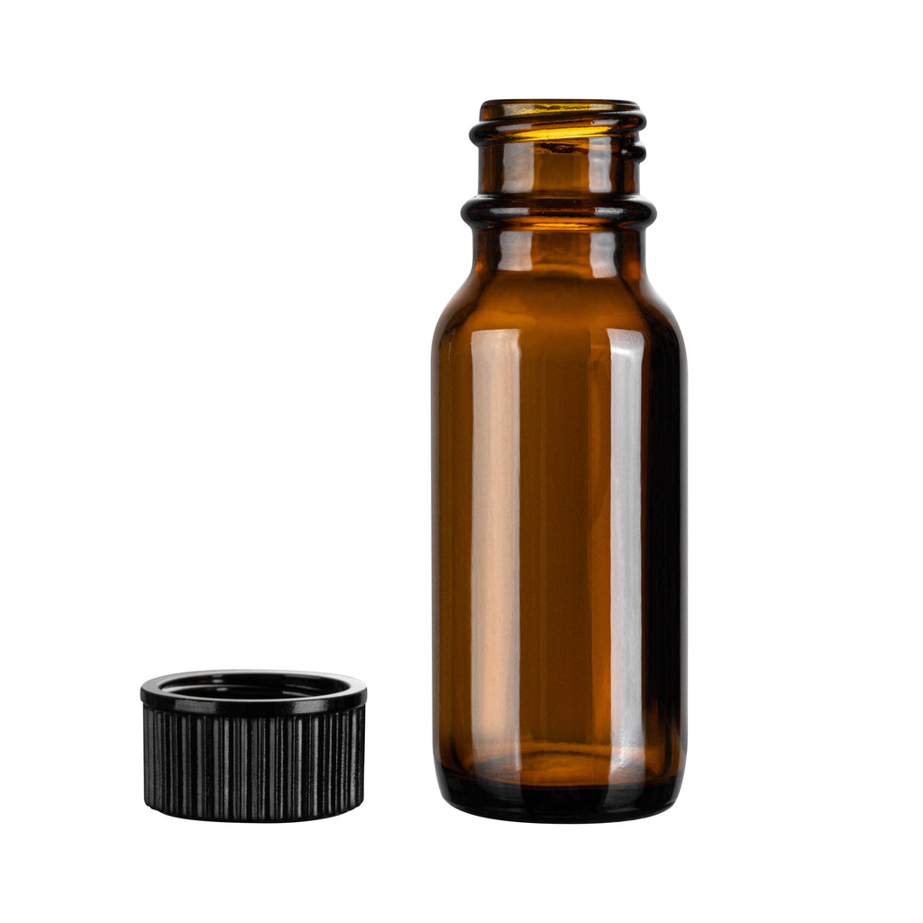 Vetri 0.5 oz Boston Round Amber Glass Bottle - with Black Phenolic Cap - 1" x 1" x 2 3/4" - 48 count box